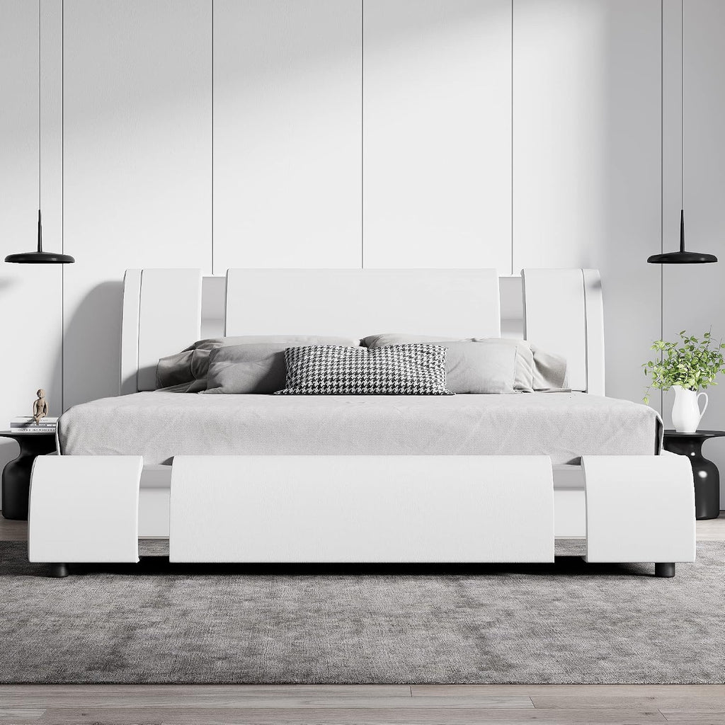 SHA CERLIN King Size Bed Frame with Iron Pieces Decor and Adjustable Headboard/Deluxe Upholstered Modern Platform Bed with Solid Wooden Slats Support/No Box Spring Needed, White
