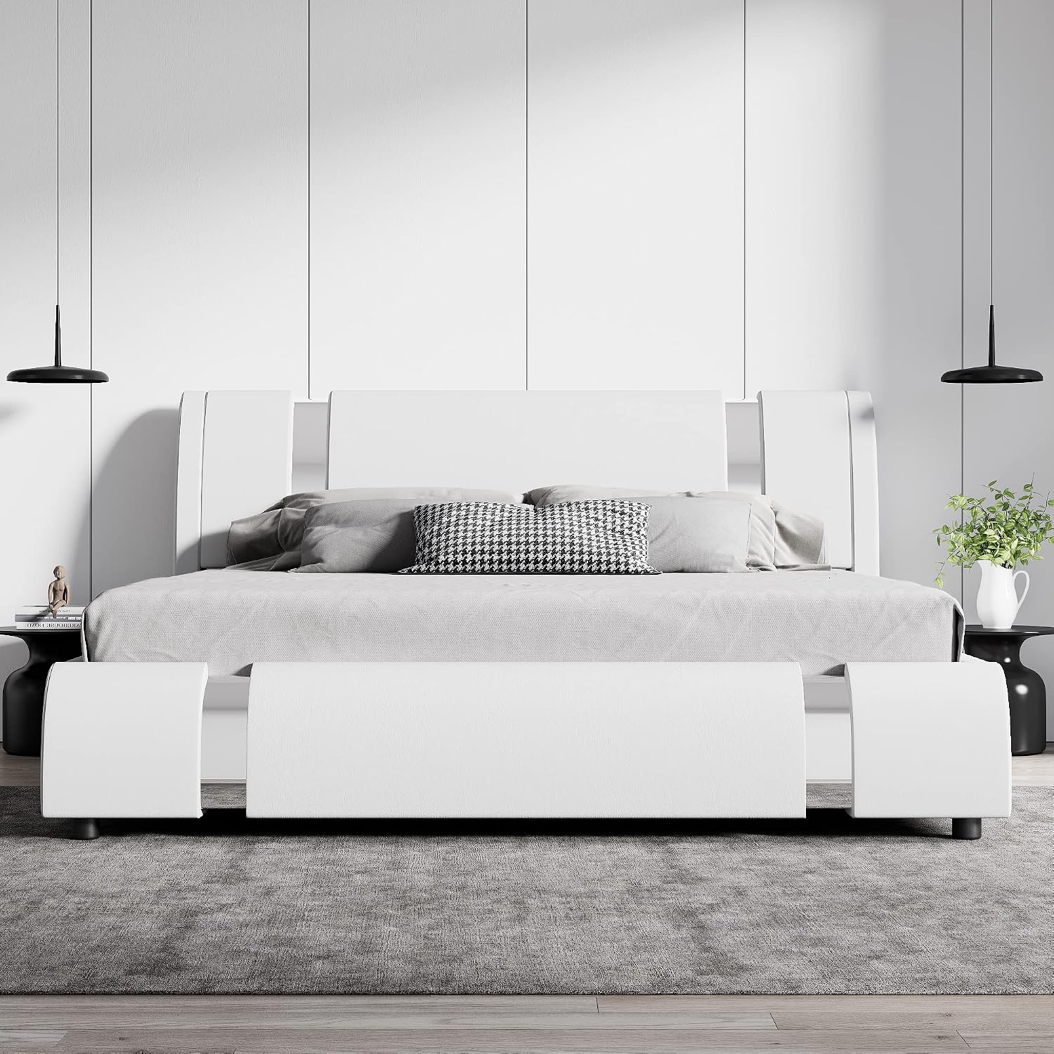 SHA CERLIN King Size Bed Frame with Iron Pieces Decor and Adjustable Headboard/Deluxe Upholstered Modern Platform Bed with Solid Wooden Slats Support/No Box Spring Needed, White