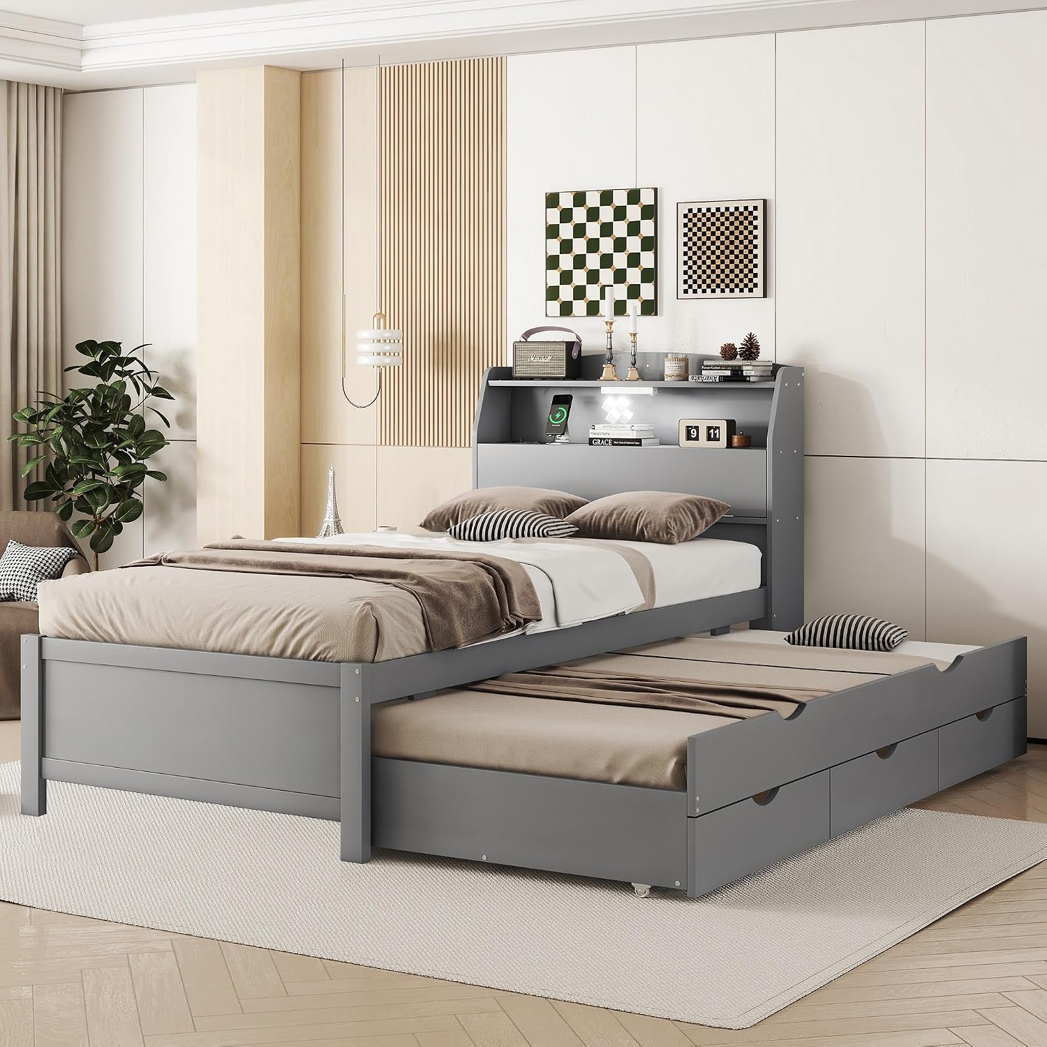 Bellemave Twin Size Wooden Platform Bed with Trundle & LED Storage Headboard - 3 Drawers, Wood Twin Captain Bed with USB Outlets and Hidden Flip-Up Compartment for Kids Teens Boys Girls (Gray)