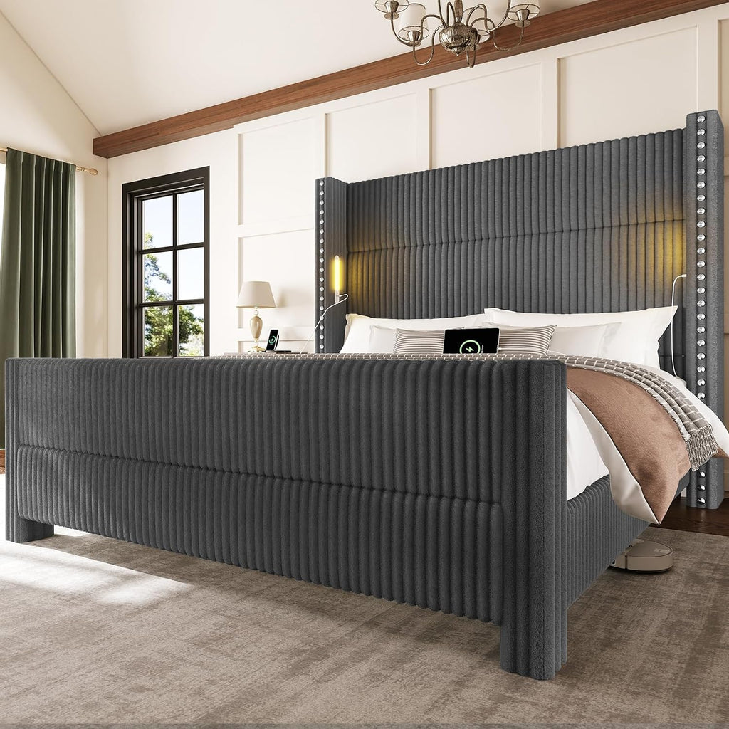 King Bed Frame with 56.7' Tall Wingback Headboard & Reading Lights, Corduroy Upholstered Platform Bed and Charging Station, Modern Luxury Design, Noise Free, No Box Spring Needed, Grey