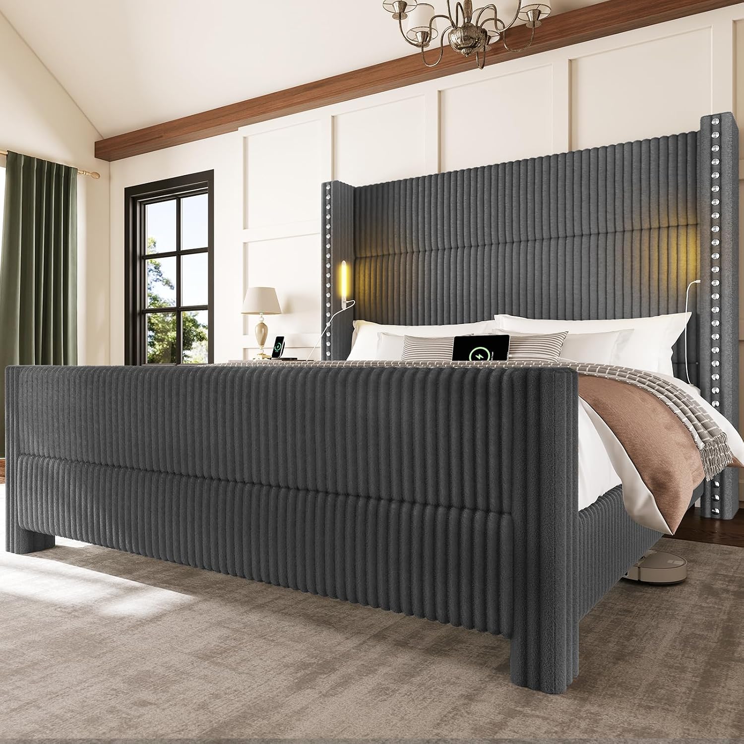 King Bed Frame with 56.7' Tall Wingback Headboard & Reading Lights, Corduroy Upholstered Platform Bed and Charging Station, Modern Luxury Design, Noise Free, No Box Spring Needed, Grey