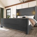 Queen Bed Frame with 56.7' Tall Wingback Headboard & Reading Lights, Corduroy Upholstered Platform Bed and Charging Station, Modern Luxury Design, Noise Free, No Box Spring Needed, Grey