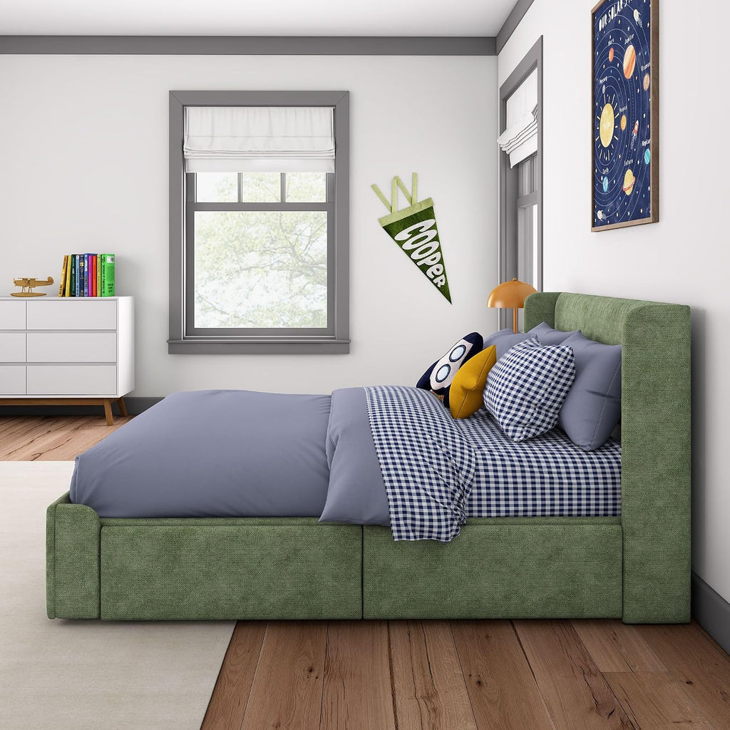 Max & Lily Upholstered Full Bed Frame with Rectangular Headboard and Two Storage Drawers, Upholstered Platform Bed for Kids, No Box Spring Needed, Easy Assembly, Green
