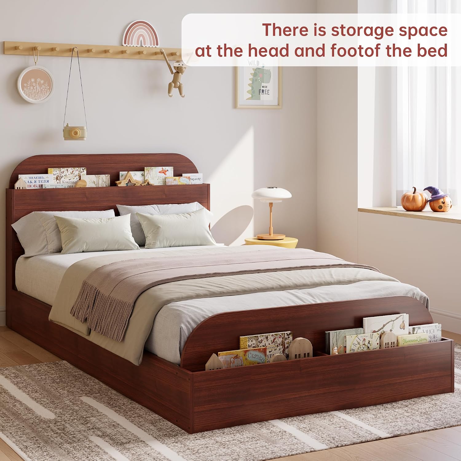 GarveeHome Twin XL Size Bed Frame, Wooden Beds with Storage Headboard and Raised-Foodboard, Twin XL-Floor Low Platform Bed for Bedroom, Sturdy Wooden Slats Support, No Box Spring Needed, Espresso