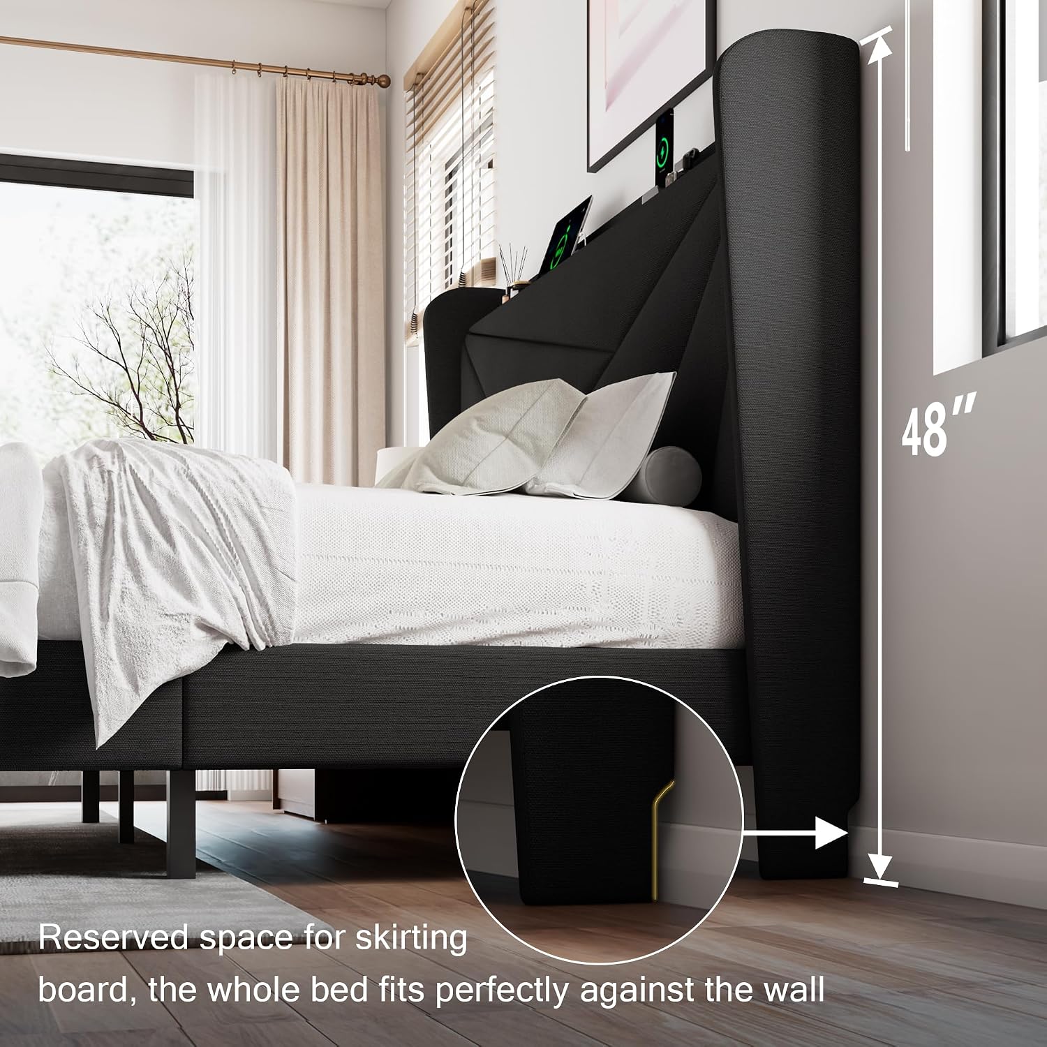 Einhomn Full Size Upholstered Bed Frame with Charging Station, Platform Bed Frame with Storage Headboard, Solid Wood Slats Support, No Box Spring Needed,Black