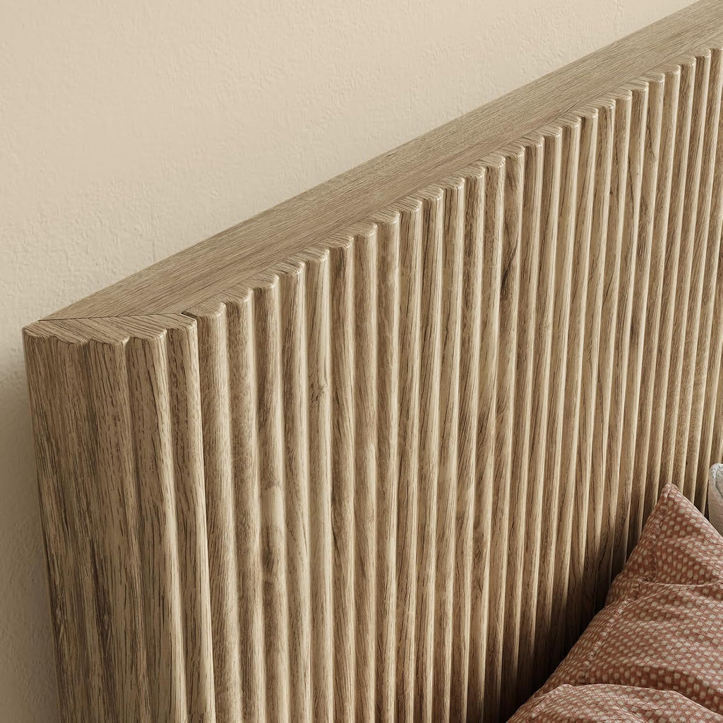 Evermagin Oak Full Bed Frame with Headboard, Mid Century Modern Fluted Platform Bed, Boho Wooden Bed Base No Box Spring Needed, Wavy Grooved Panel
