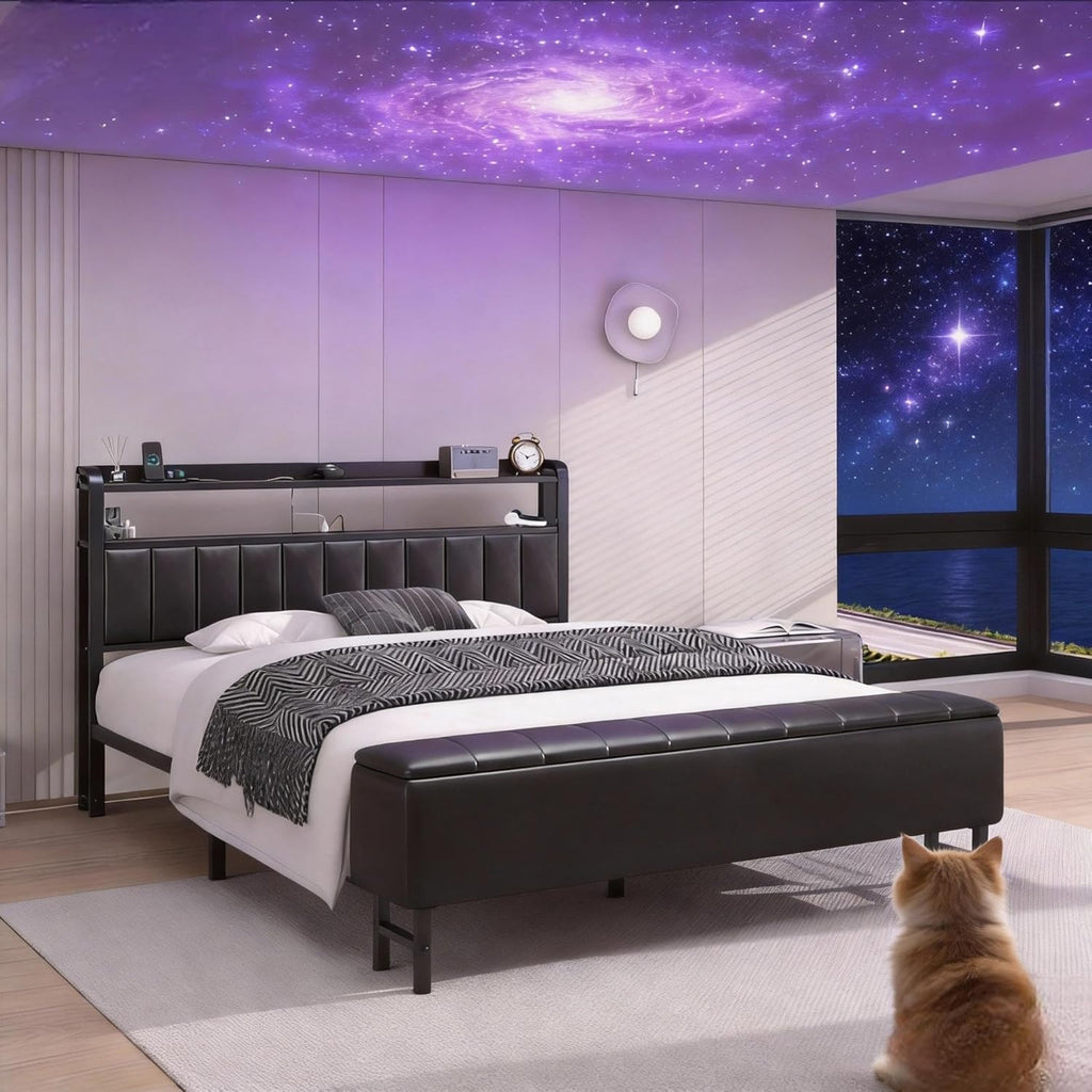 Full Size Bed Frame with Star Projector & Charging Station, PU Leather Upholstered Platform with 2-Tier Storage Headboard & Storage Ottoman, Metal Support, Noise-Free, No Box Spring Needed, Black