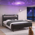 Full Size Bed Frame with Star Projector & Charging Station, PU Leather Upholstered Platform with 2-Tier Storage Headboard & Storage Ottoman, Metal Support, Noise-Free, No Box Spring Needed, Black