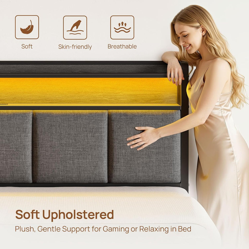 Rolanstar Bed Frame Full Size with Charging Station and LED Lights, Upholstered Storage Headboard with Drawers, Heavy Duty Metal Slats, No Box Spring Needed, Noise Free, Easy Assembly, Dark Grey