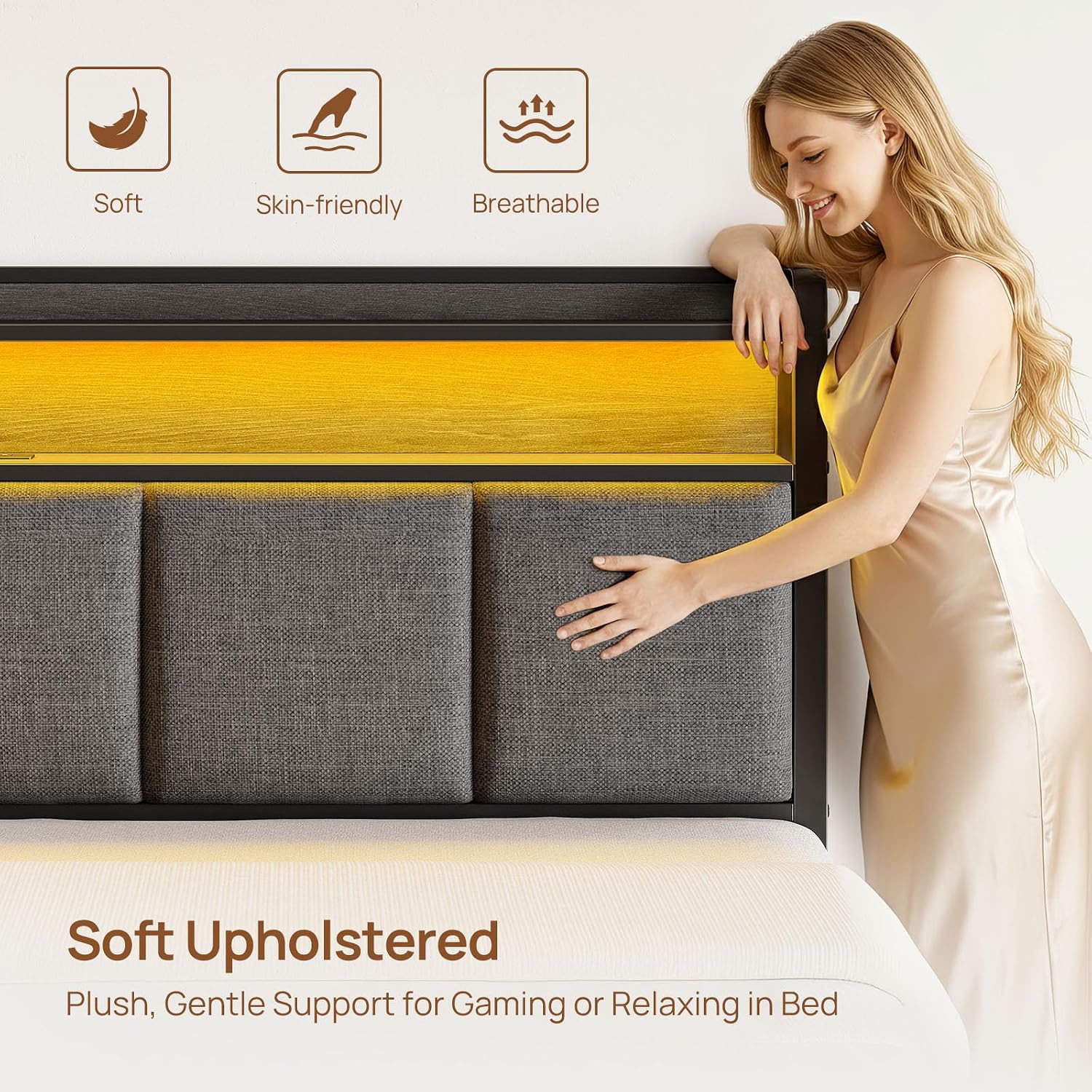 Rolanstar Bed Frame Full Size with Charging Station and LED Lights, Upholstered Storage Headboard with Drawers, Heavy Duty Metal Slats, No Box Spring Needed, Noise Free, Easy Assembly, Dark Grey