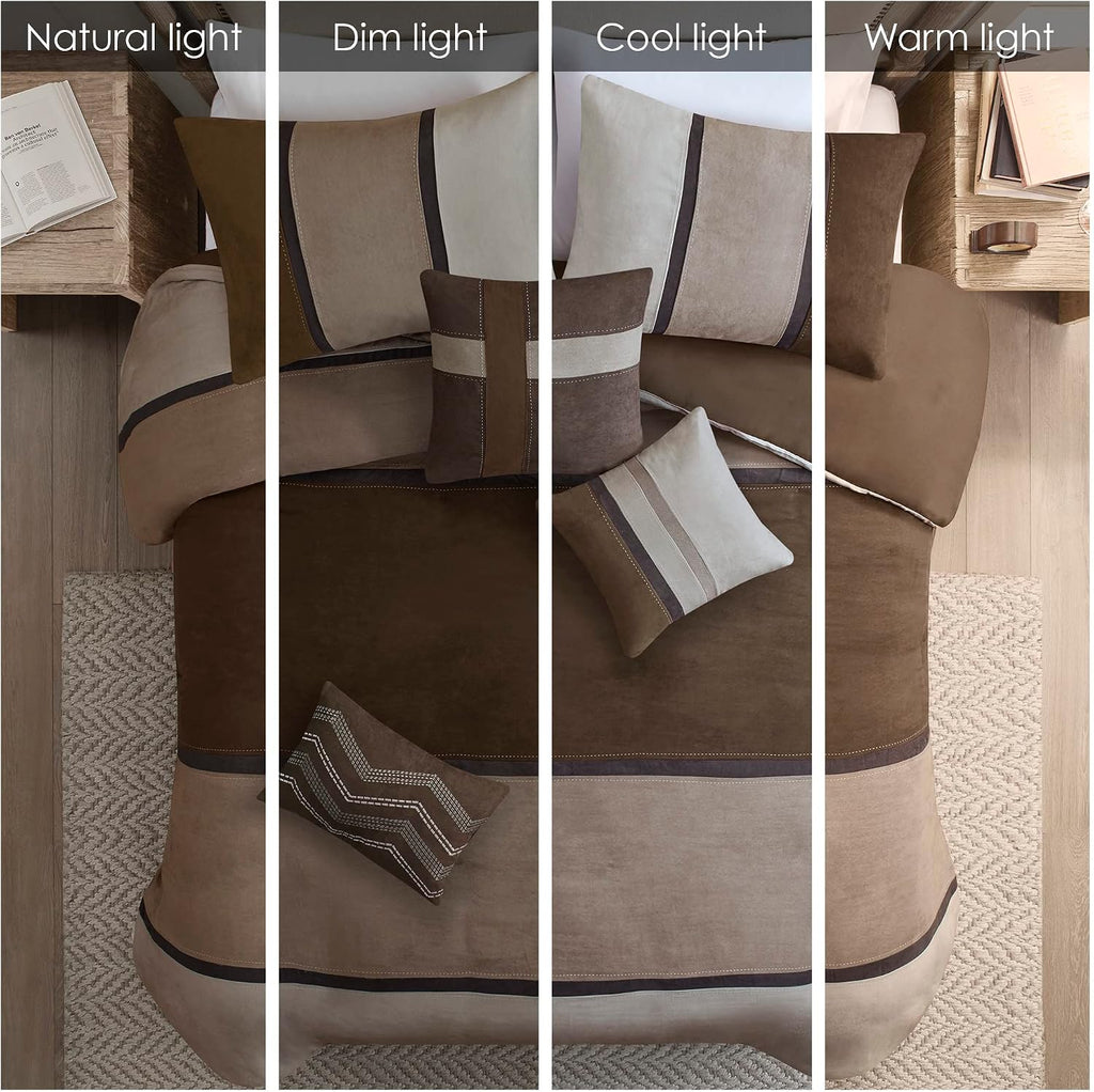 Madison Park Palisades Comforter Set Modern Faux Suede Pieced Stripe Design, All Season Down Alternative Cozy Bedding with Matching Shams, Decorative Pillows, King(104'x92'), Brown 7 Piece