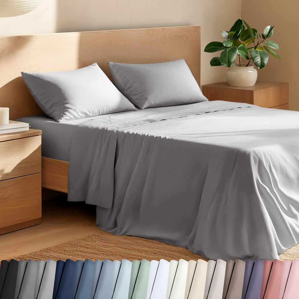 Bare Home 100% Organic Cotton Split King Sheet Set - Crisp Percale Weave - Lightweight & Breathable - Bedding Sheets & Pillowcases (Split King, Light Grey)