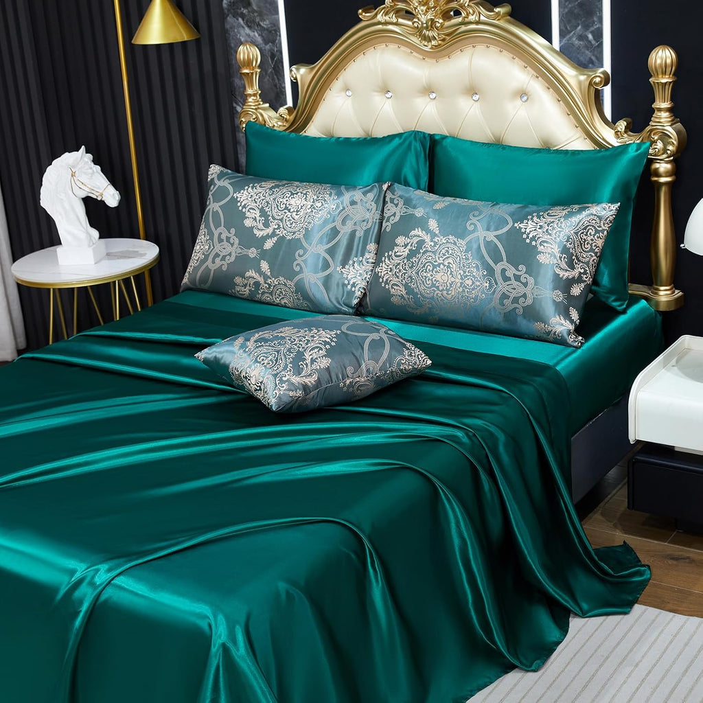 Green Jacquard King Comforter Set Sheet Set Elegant Bedding Set 8 Pcs Embroidery Neoclassical Floral Pattern Bed Home Decor Soft Down Comforter Luxury Hotel Silky Bed in a Bag with 1 Cushion Cover