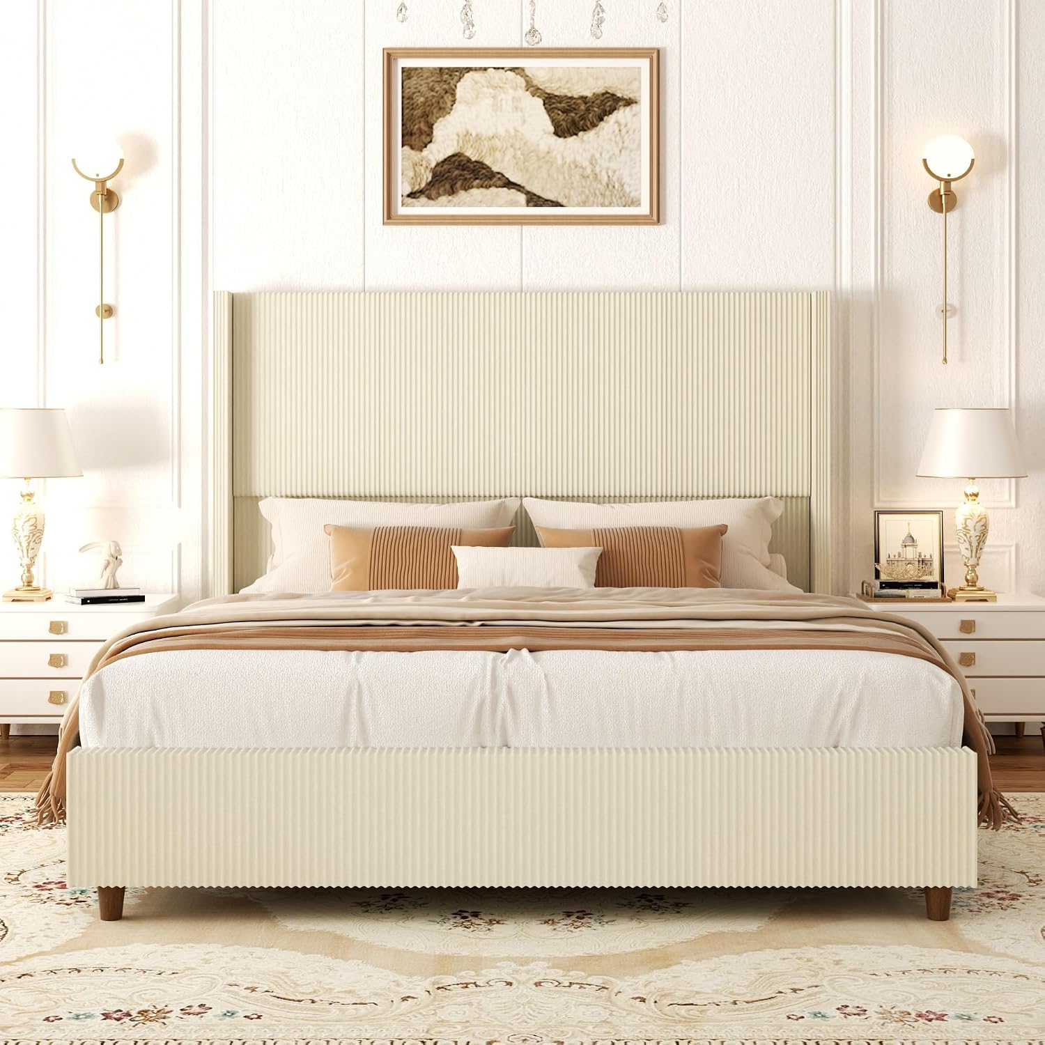Sismplly 62'' Tall King Size Bed Frame with Corduroy Upholstered Platform Bed, Extra Wingback Headboard and Vertical Stripe, Box Spring Option, Solid Wood Slats, Noise Free, Beige-Yellow