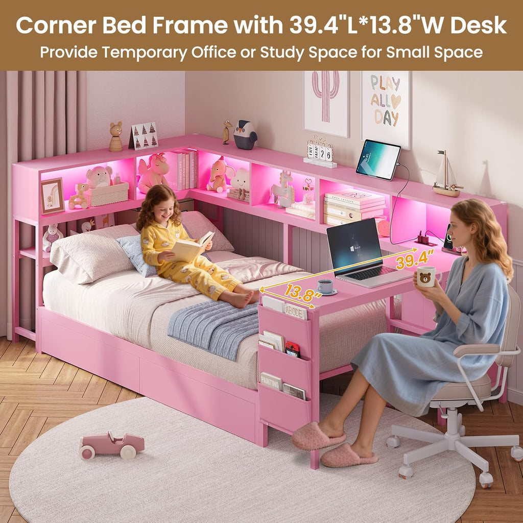DICTAC Corner Twin Bed Frame with Desk,Charging Station and Bookcase Storage Pink Bed Frame for Girls with Storage Drawers and Led Lights Twin Size Daybed with Open Shelves,No Box Spring Needed