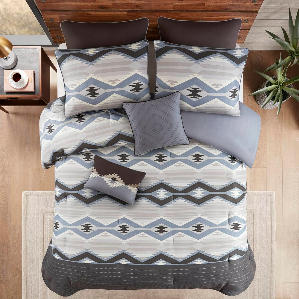 Woolrich Queen Comforter Set, Southwestern Aztec 8 Piece Bedding Set, Oversized All Season Down Alternative Comforter with Shams, Euro Shams, Decorative Pillows & Bedskirt, Rustic Cabin, Blue