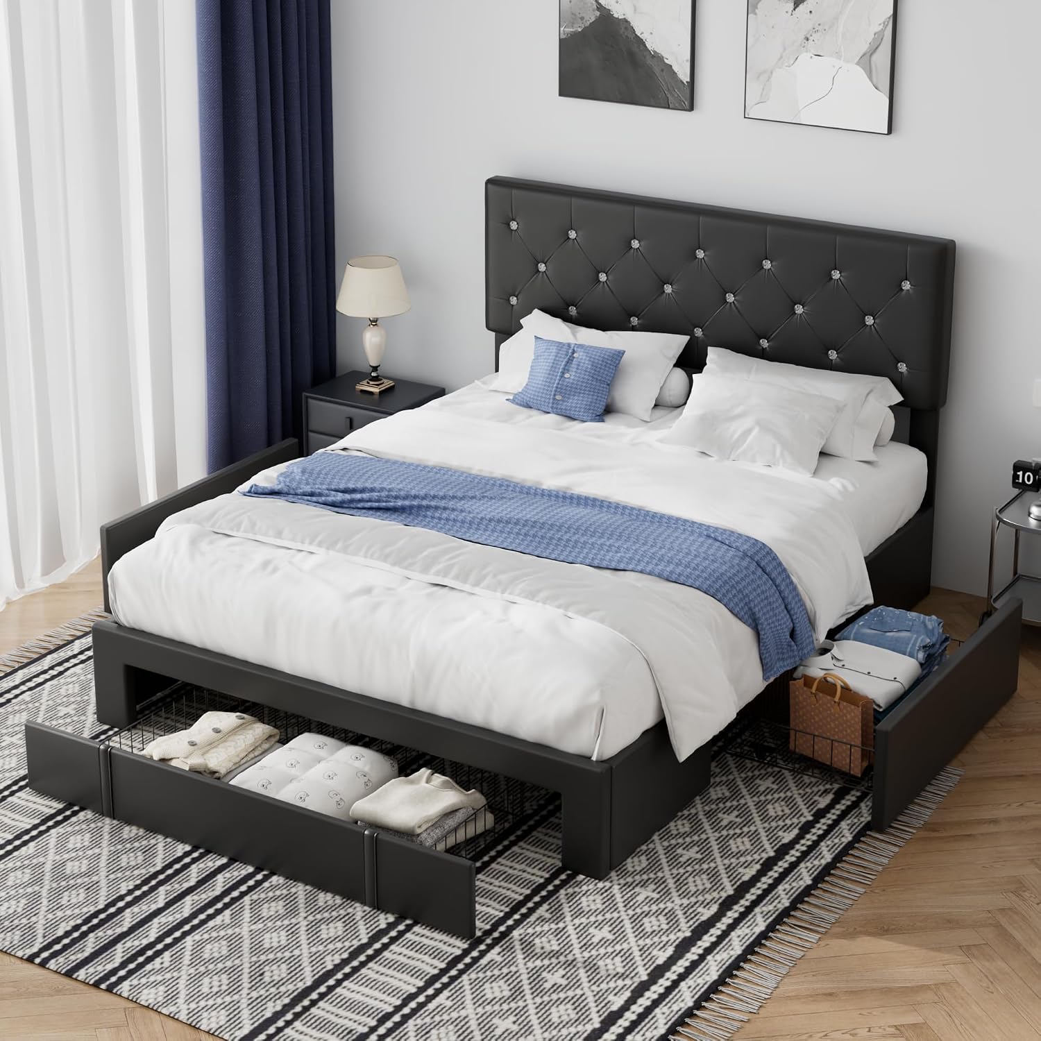 VECELO Full Size Bed Frame with 3 Storage Drawers, Leather Upholstered with Diamond Tufted Headboard, Solid Wood Slat Support & Steel Framework, Black