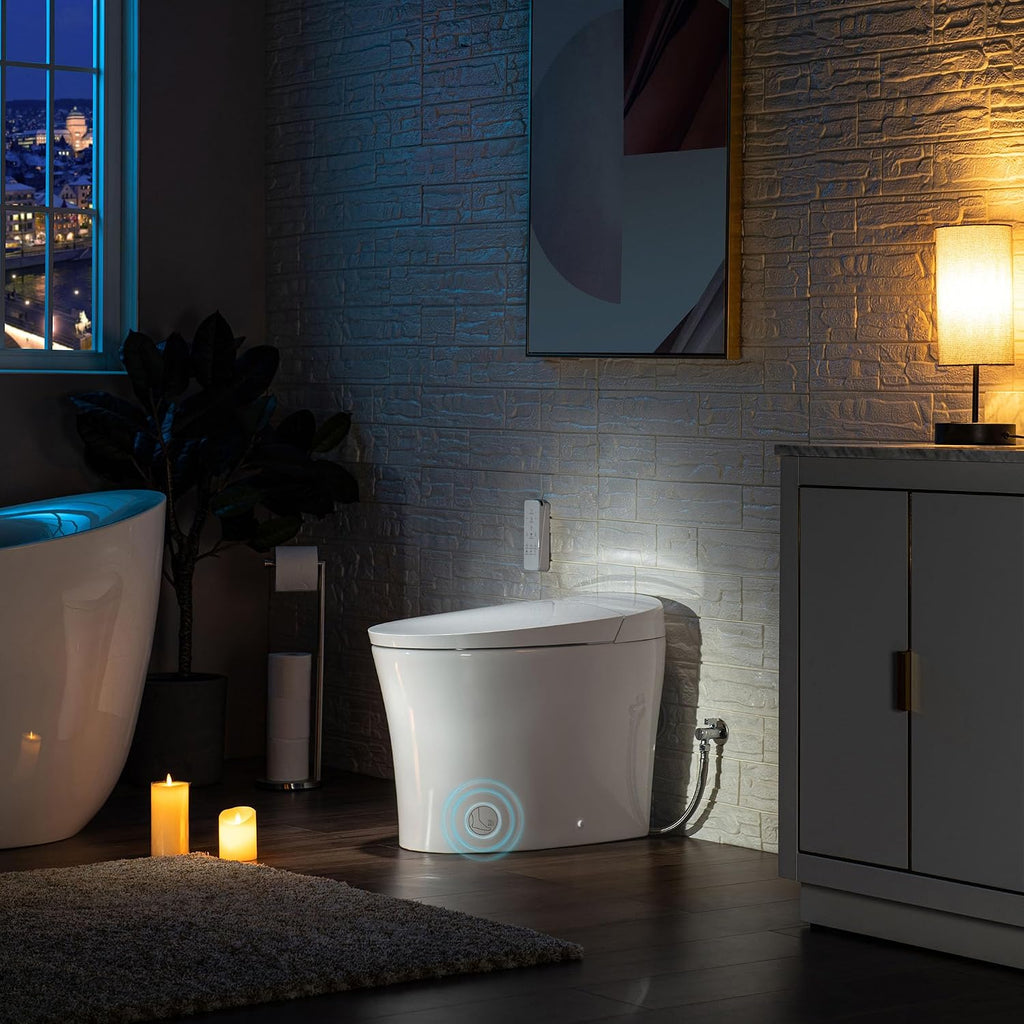 WOODBRIDGE B0970S One Piece Elongated Smart Tankless Bidet Toilet, ADA Height, Auto Flush, Foot Sensor Operation, Heated Seat with Integrated Multi Function Remote Control in White