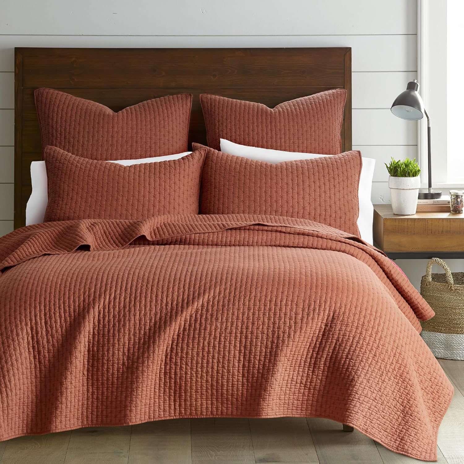 Levtex Home Cross Stitch Reversible King/Cal King Quilt Set (106x92in) with 2 Pillow Shams (36x20in) - Stitch Texture - Adobe - Cotton King Size Quilt Bedding Set - Lightweight, Soft, Pre-Washed