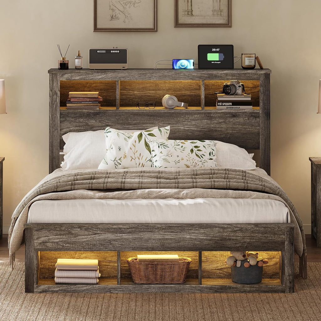 Albott Farmhouse Full Size Bed Frame with Storage/Bookcase Headboard & Footboard, Wood Platform Bed with LED Lights/Charging Station, Heavy-Duty Metal Support/No Box Spring Needed/Noise-Free, Gray