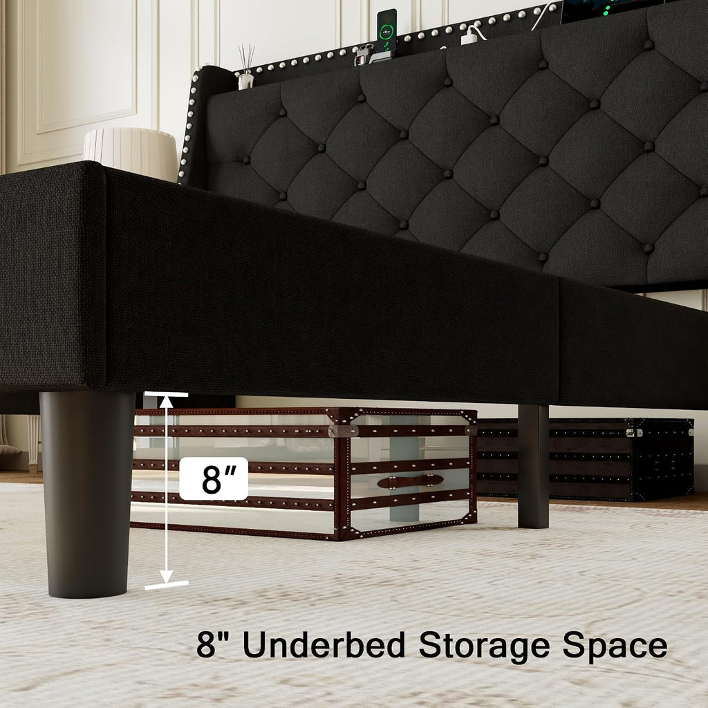 Einhomn Full Size Bed Frame with Wingback Button Tufted Storage Headboard and Type AC Ports, Upholstered Platform Bed, Wooden Slats Support, No Box Spring Needed, Noise-Free, Black