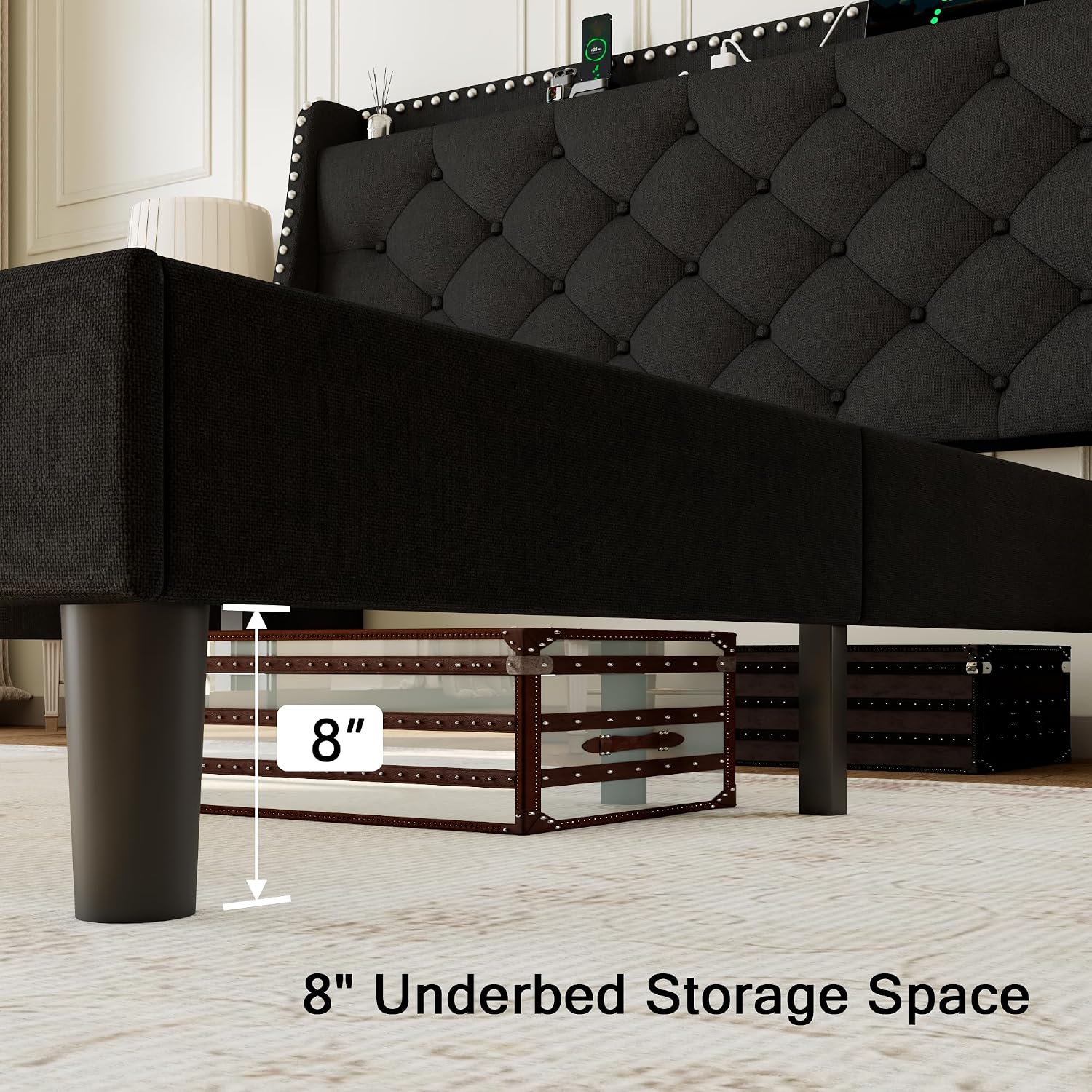 Einhomn Full Size Bed Frame with Wingback Button Tufted Storage Headboard and Type AC Ports, Upholstered Platform Bed, Wooden Slats Support, No Box Spring Needed, Noise-Free, Black