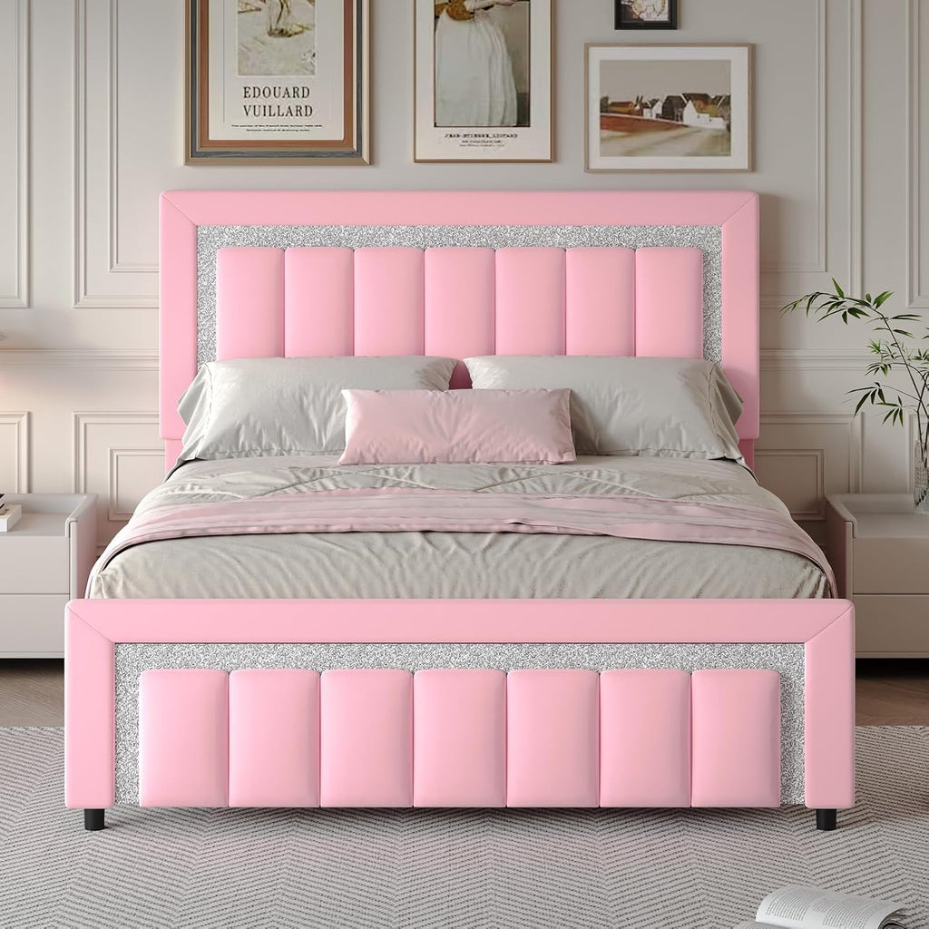 HOMBCK Full Size Bed Frame with Diamond Headboard, Full Bed Frame with Velvet Headboard and Footboard, Upholstered Platform Bed with Wooden Slats, No Box Spring Needed, Easy Assembly, Pink