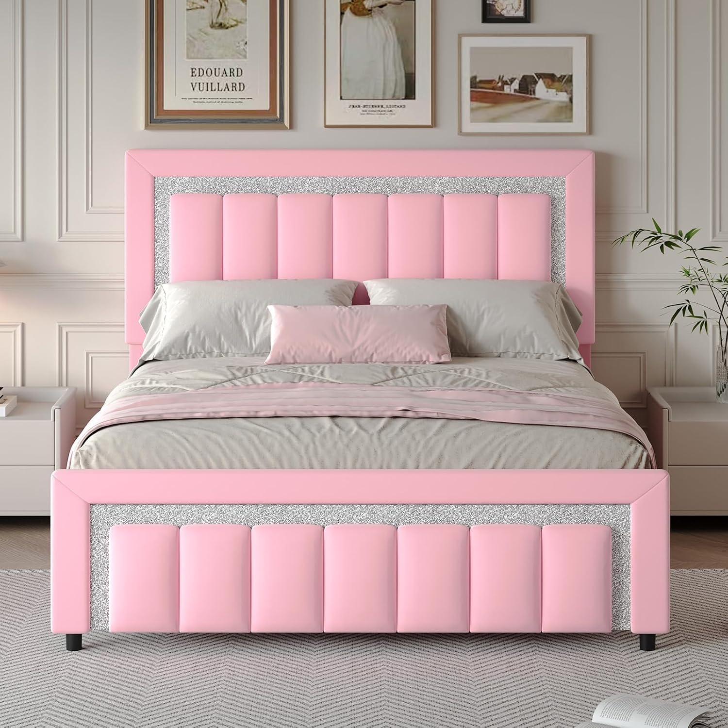 HOMBCK Full Size Bed Frame with Diamond Headboard, Full Bed Frame with Velvet Headboard and Footboard, Upholstered Platform Bed with Wooden Slats, No Box Spring Needed, Easy Assembly, Pink
