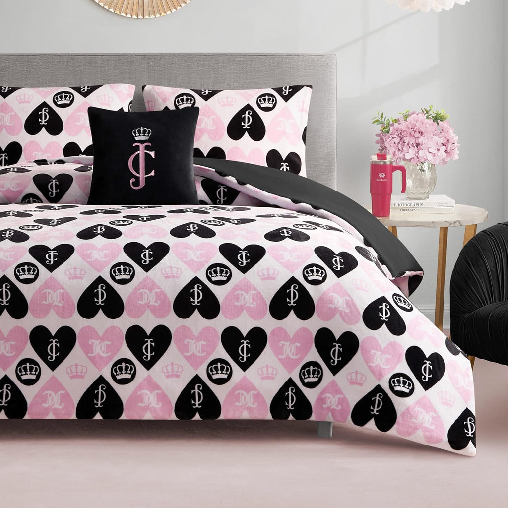 Juicy Couture Plush Reversible Queen Heart Logo 3-Piece Twin/Twin XL Comforter Set with Decorative Pillow, Pink