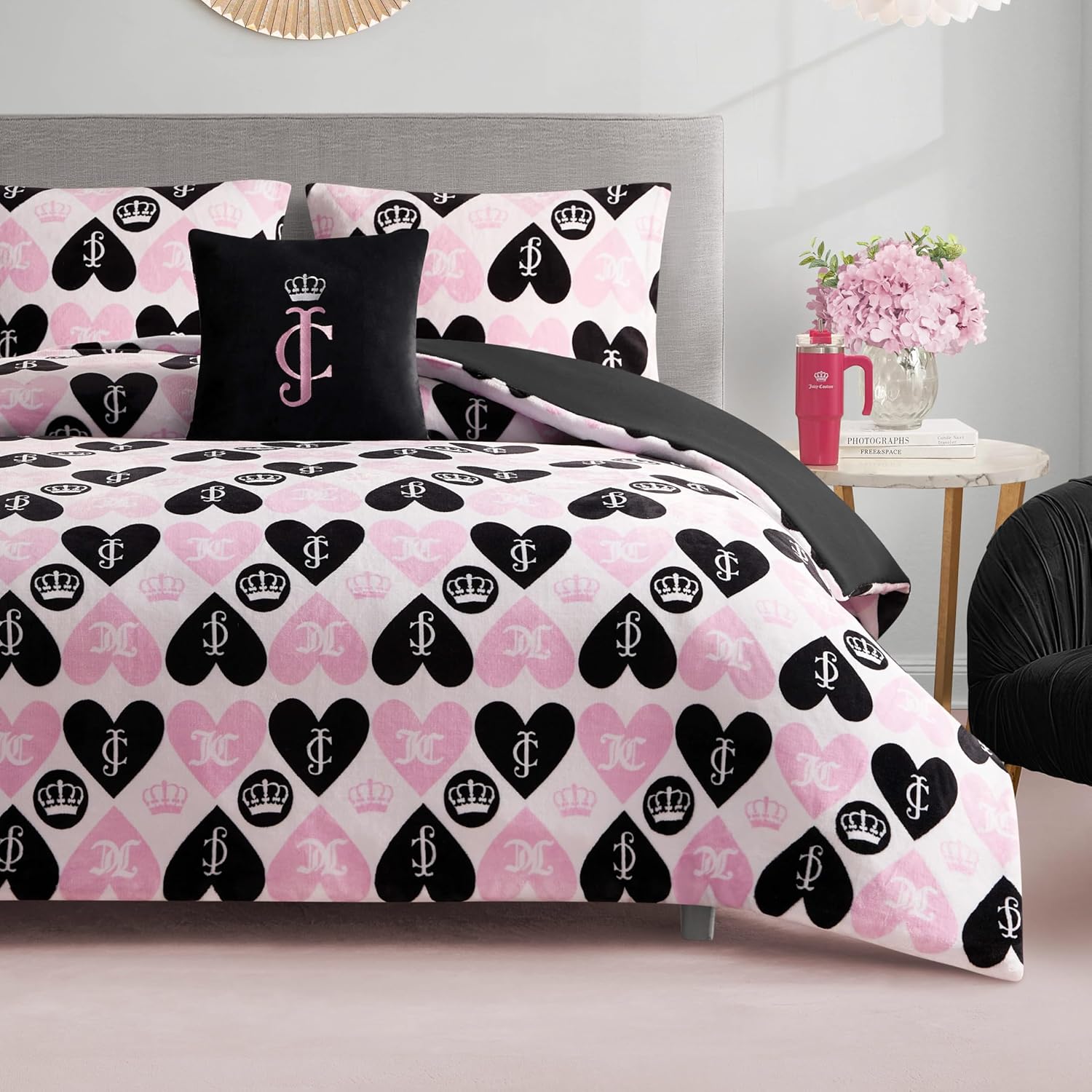 Juicy Couture Plush Reversible Queen Heart Logo 3-Piece Twin/Twin XL Comforter Set with Decorative Pillow, Pink