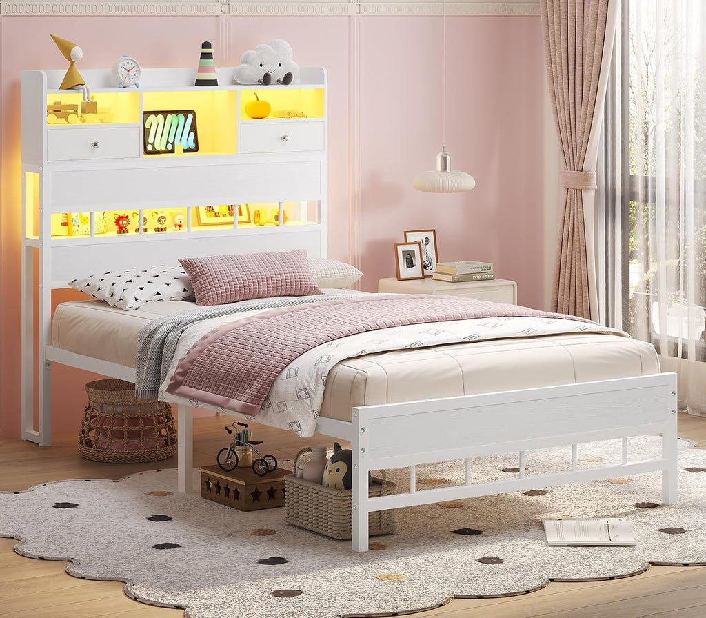 BTHFST Twin Bed Frames with Headboard & Charging Station, LED Bed Frame Twin with 5 Storage Shelves & 2 Fabric Drawers, Platform Bed Frames for Kids, No Box Spring Needed, White