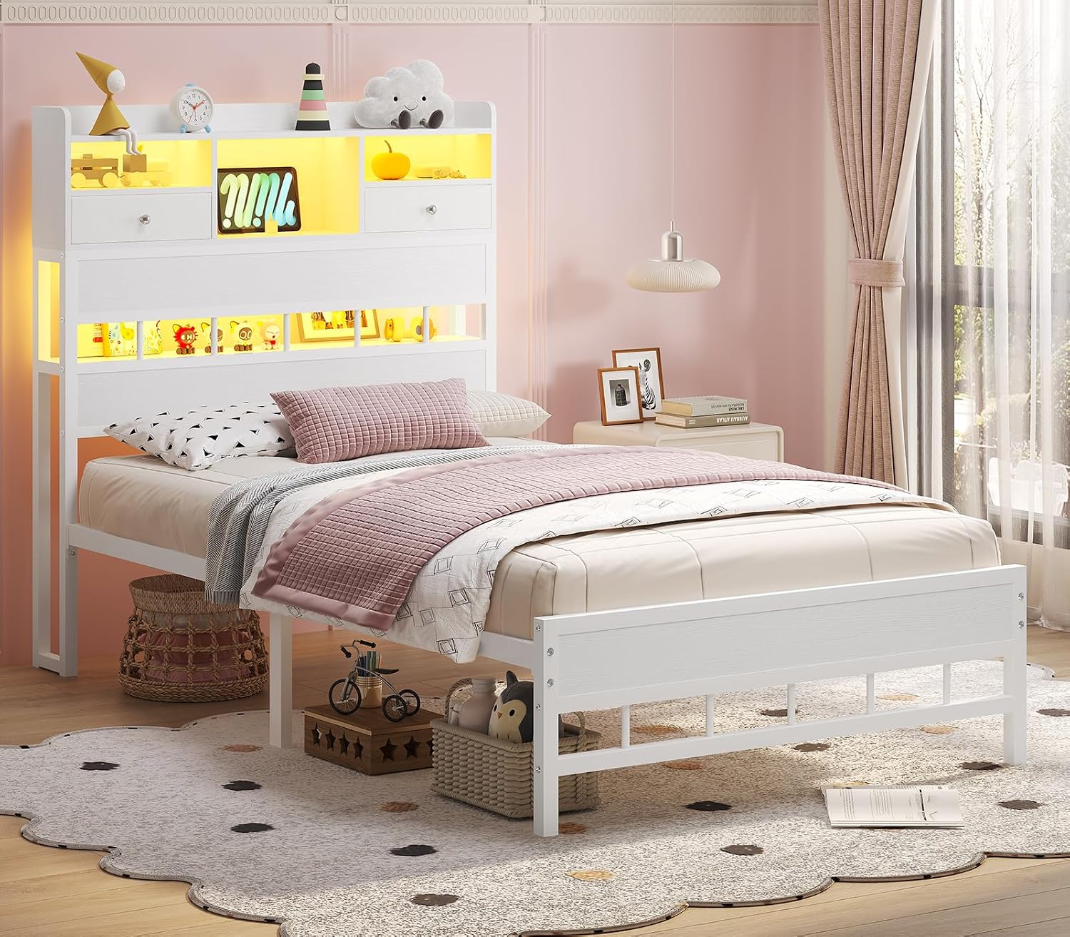 BTHFST Twin Bed Frames with Headboard & Charging Station, LED Bed Frame Twin with 5 Storage Shelves & 2 Fabric Drawers, Platform Bed Frames for Kids, No Box Spring Needed, White