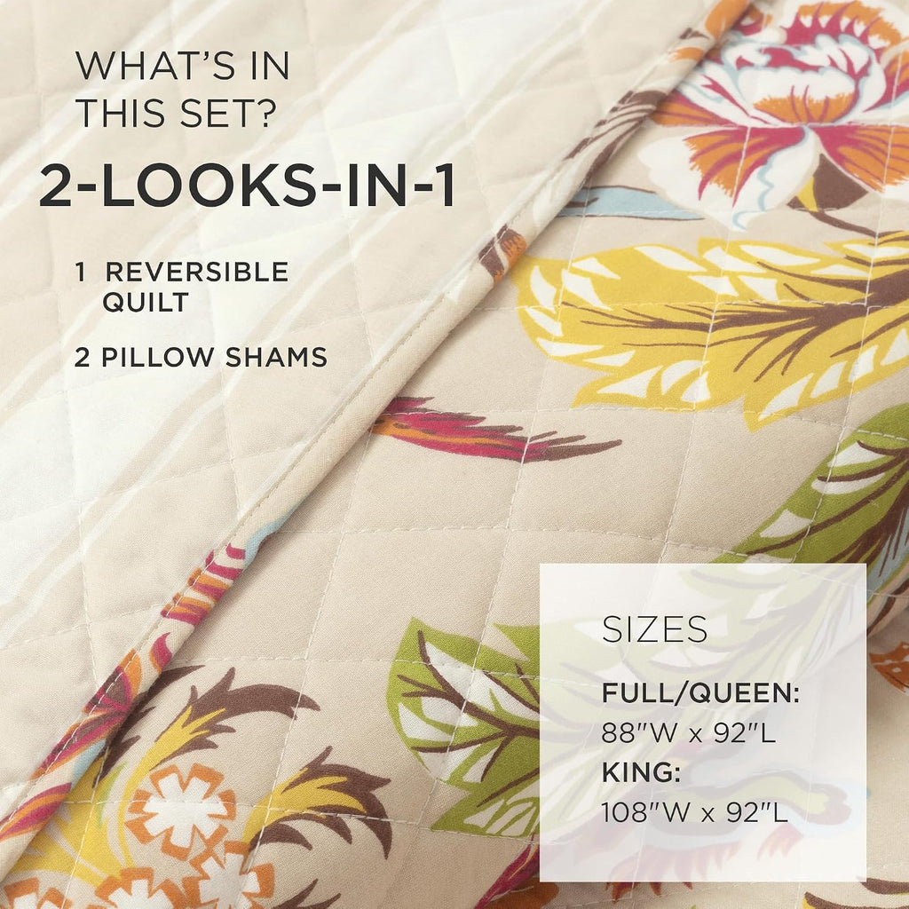 Lush Decor Dolores Reversible Cotton Quilt King Size 3 Piece Set Neutral & Multi - Tropical Bedding Set King - Floral Quilt - Cottage Bedroom Decor