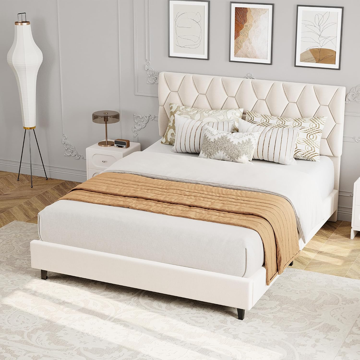 GarveeHome Beige Full Bed Frame with Headboard, Heavy-Duty Platform Bed Frame with Adjustable Headboard, Upholstered Mattress Foundation with Strong Wood Slat Support/No Box Spring Needed/Noise Free