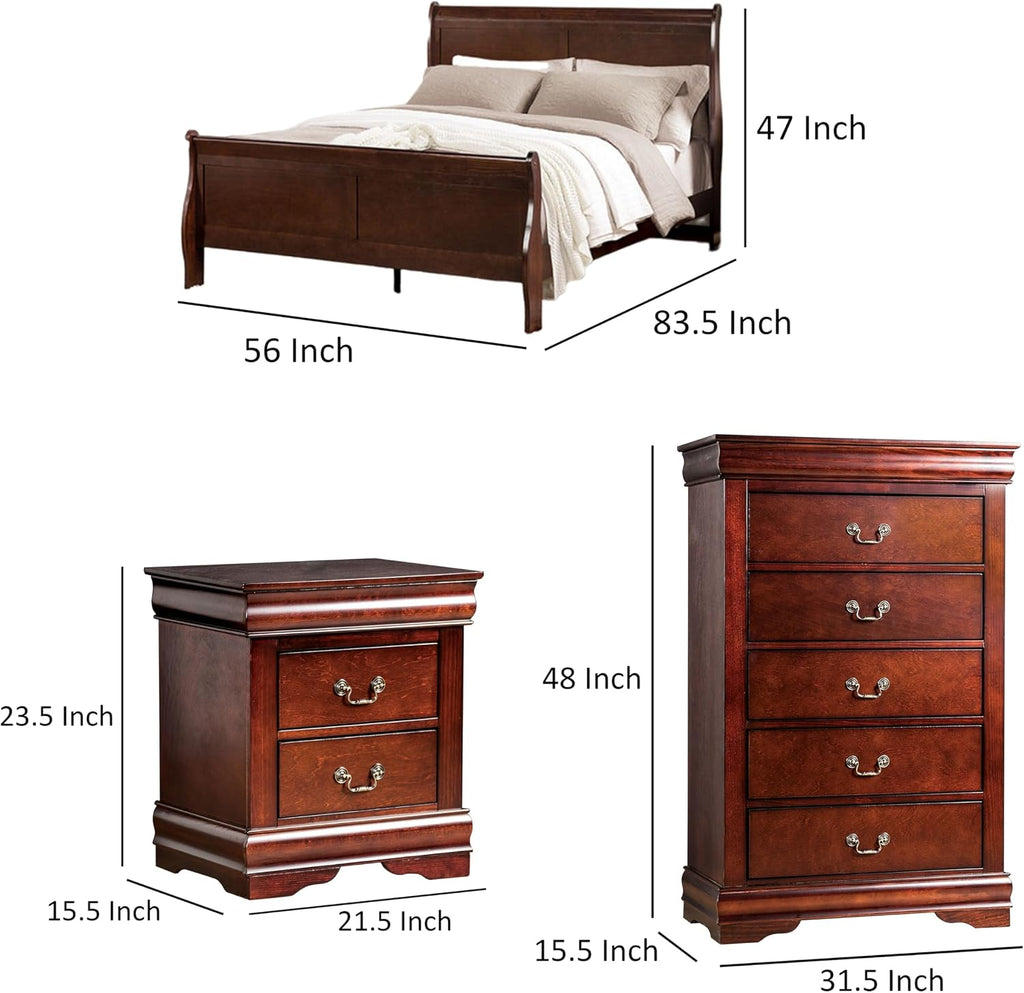 Benjara POY Three PC Full Size Bedroom Set-Metal Hanging Pulls-Cherry Brown Wood