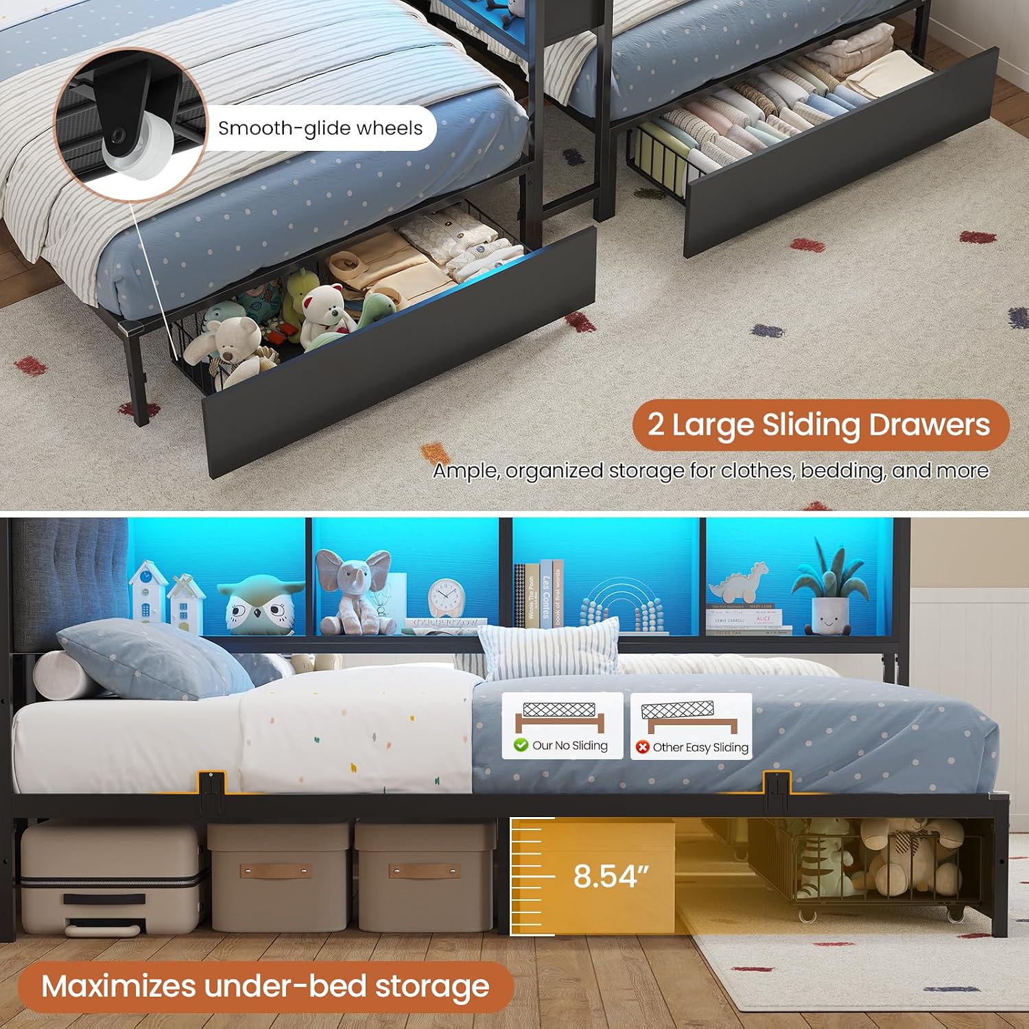 DICTAC Twin Beds for 2 Kids with Storage Bookcase Divider, Charging Station and LED Lights, Double Twin Bed with 2 Large Drawers and Headboard Storage, Metal Platform Bed for Shared Bedroom, Black