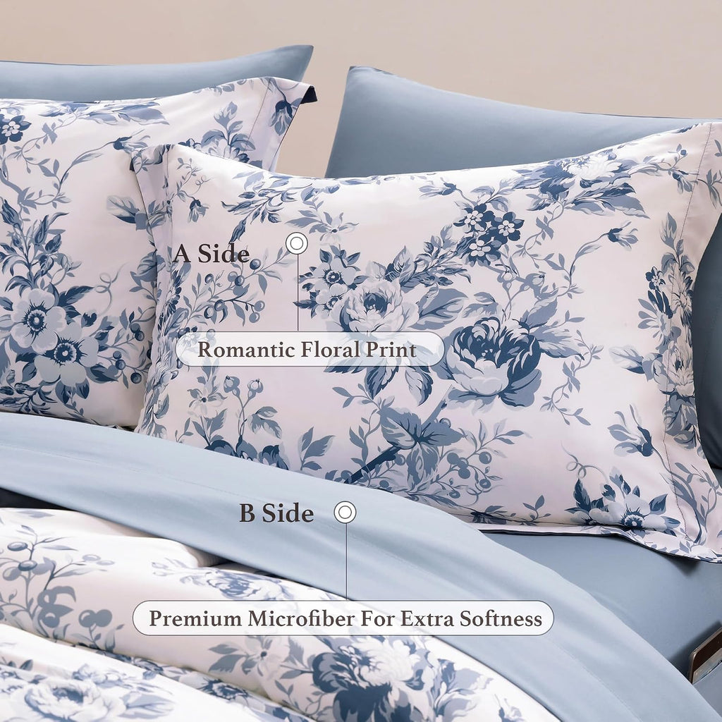 BLOOMHAVEN Oversized King Comforter Set -7 Pieces Floral Rain Washed Bedding Set for All Seasons, Bed in a Bag with Botanical Flowers Comforter, Sheets, Pillowcases & Shams