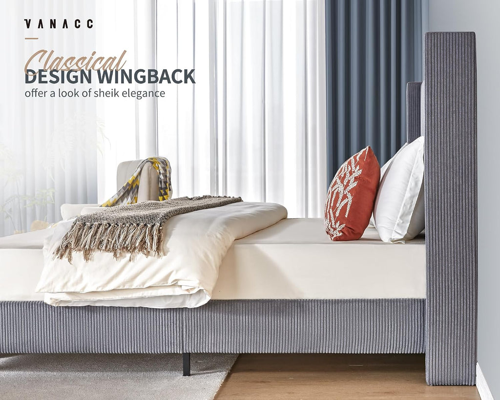 VanAcc King Size Platform Bed Frame, 50.8' Corduroy Upholstered Bed with Vertical Channel Tufted Headboard/Wooden Slats/Wingback/No Box Spring Required/Grey
