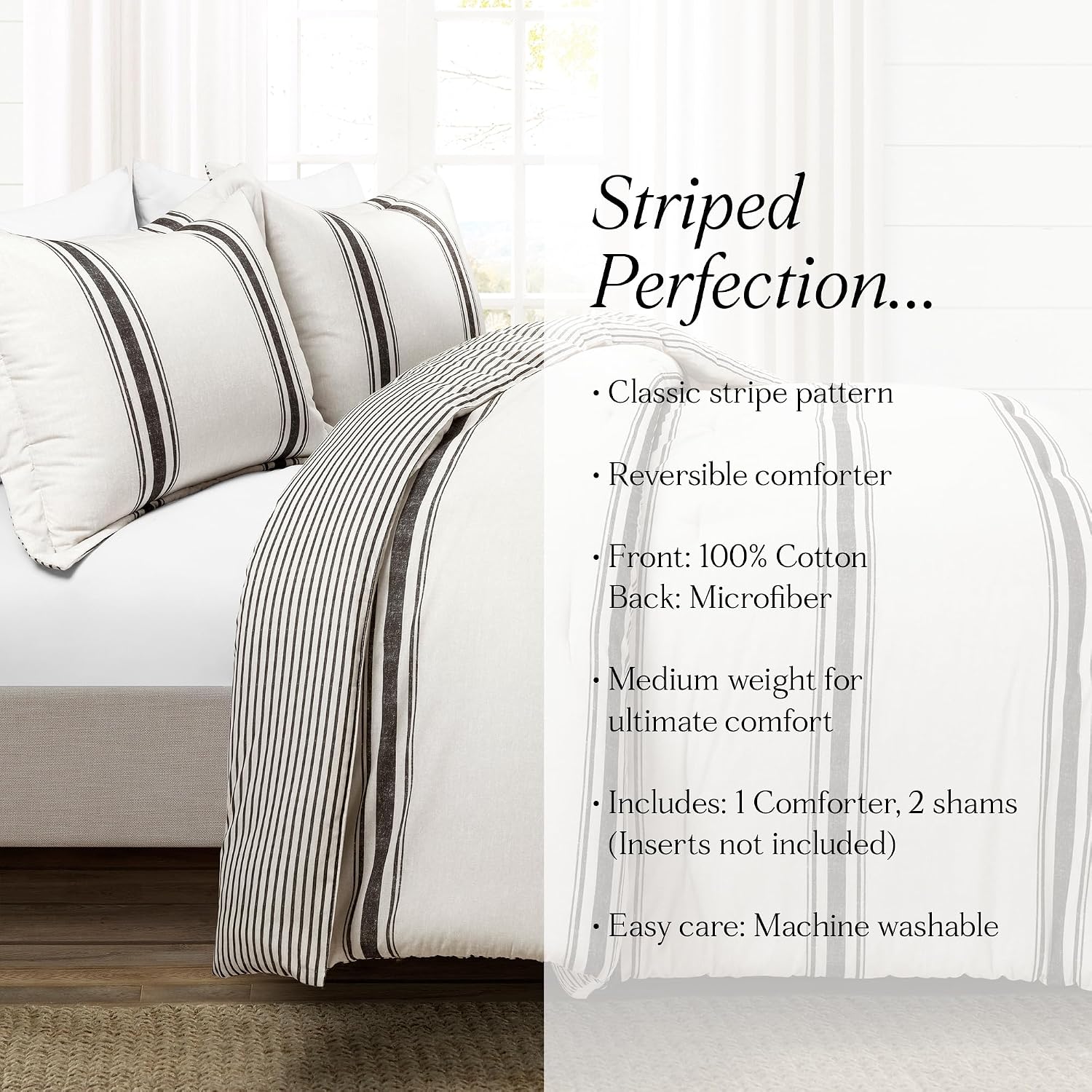 Lush Decor Farmhouse Stripe Reversible Cotton Comforter Set, 3 Piece Set, California King, Black - Cozy Farmhouse Bedding Set - Rustic Decor - Striped Comforter - Modern Farmhouse Bedroom Decor