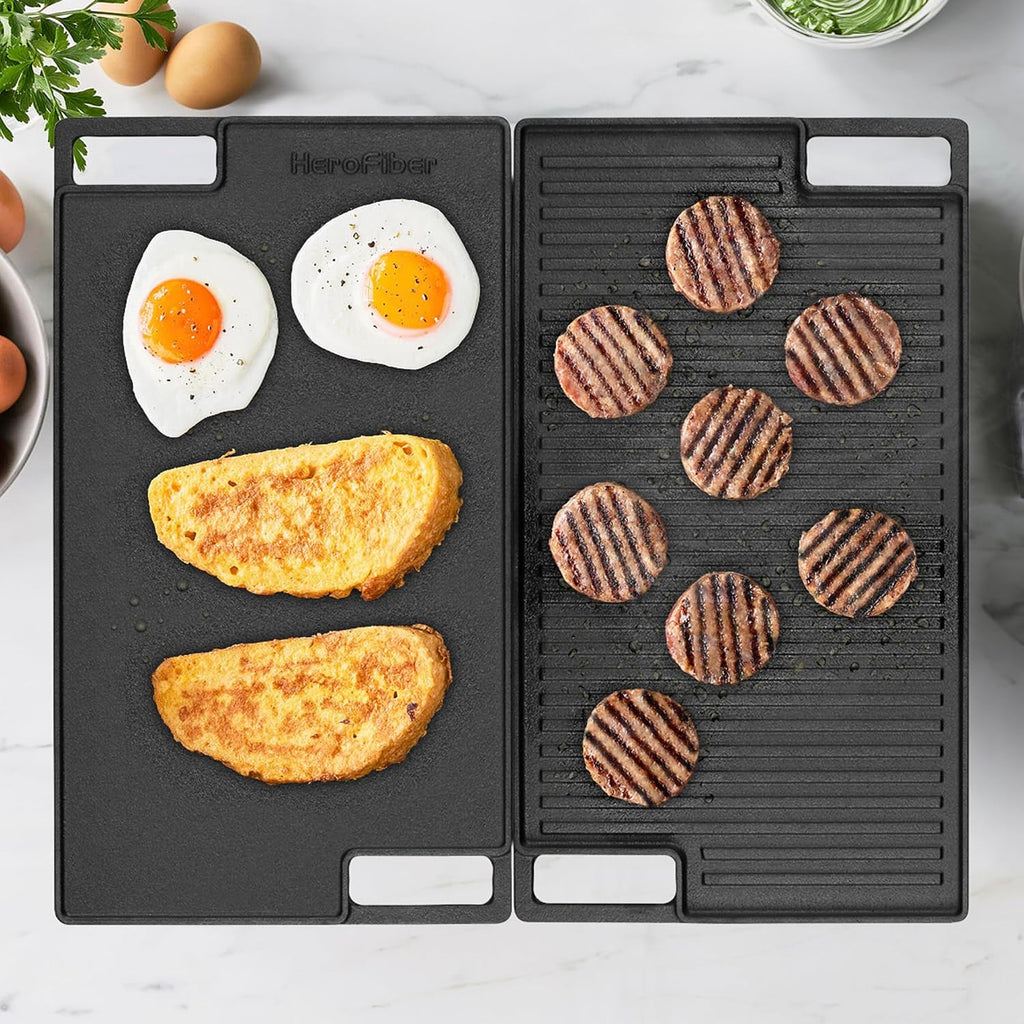 HeroFiber Cast Iron Reversible Grill/Griddle Set with Press, Scraper & Mitts - Pre-Seasoned, Non-Stick - 16.75'' x 9.5'' - Gas Stove, Grill, Camping, Outdoors, Black, OG7-18