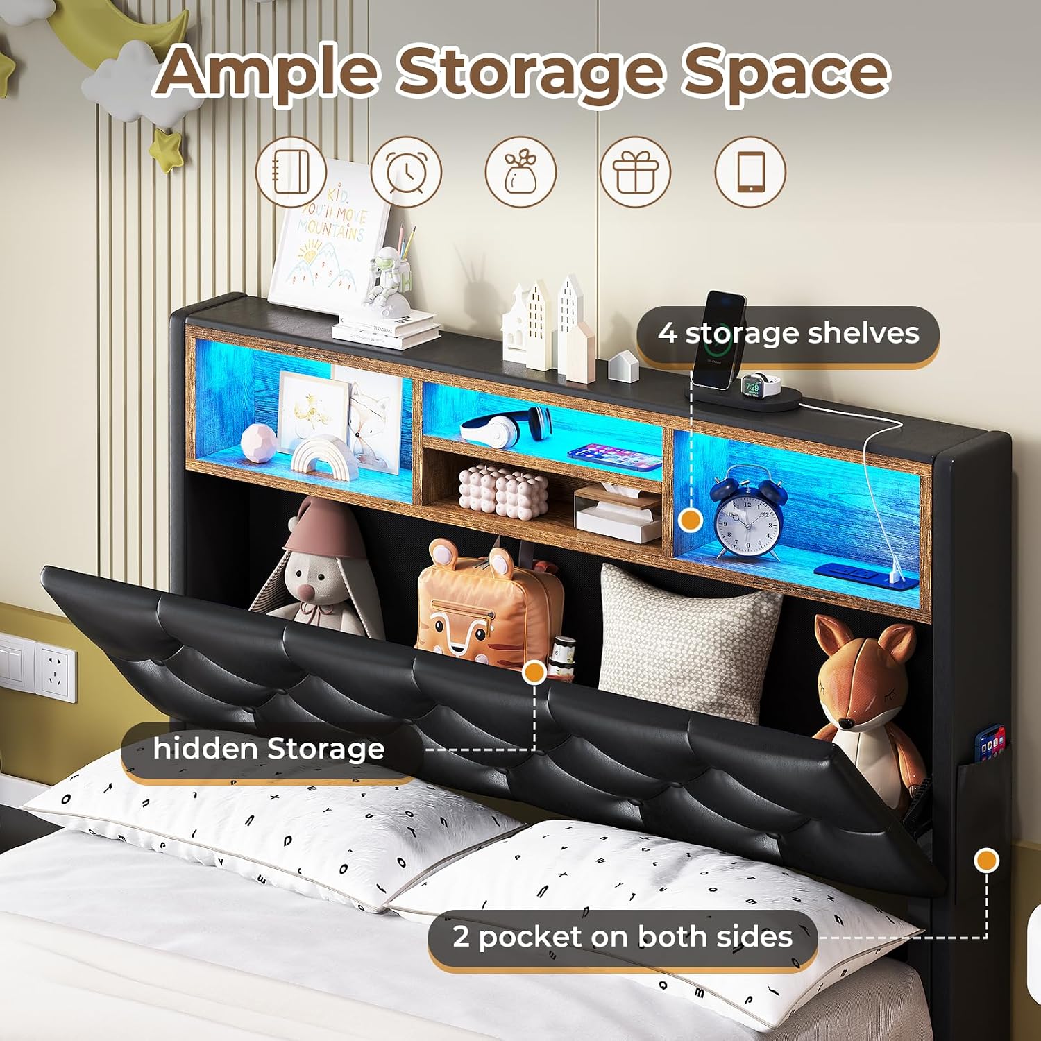 HAUOMS Twin Bed with 3-Tier Headboard & Hidden Storage, Upholstered LED Frame with 4 Drawers and Charging Station, Platform Metal Bed with Storage, No Box Spring Needed, PU Black