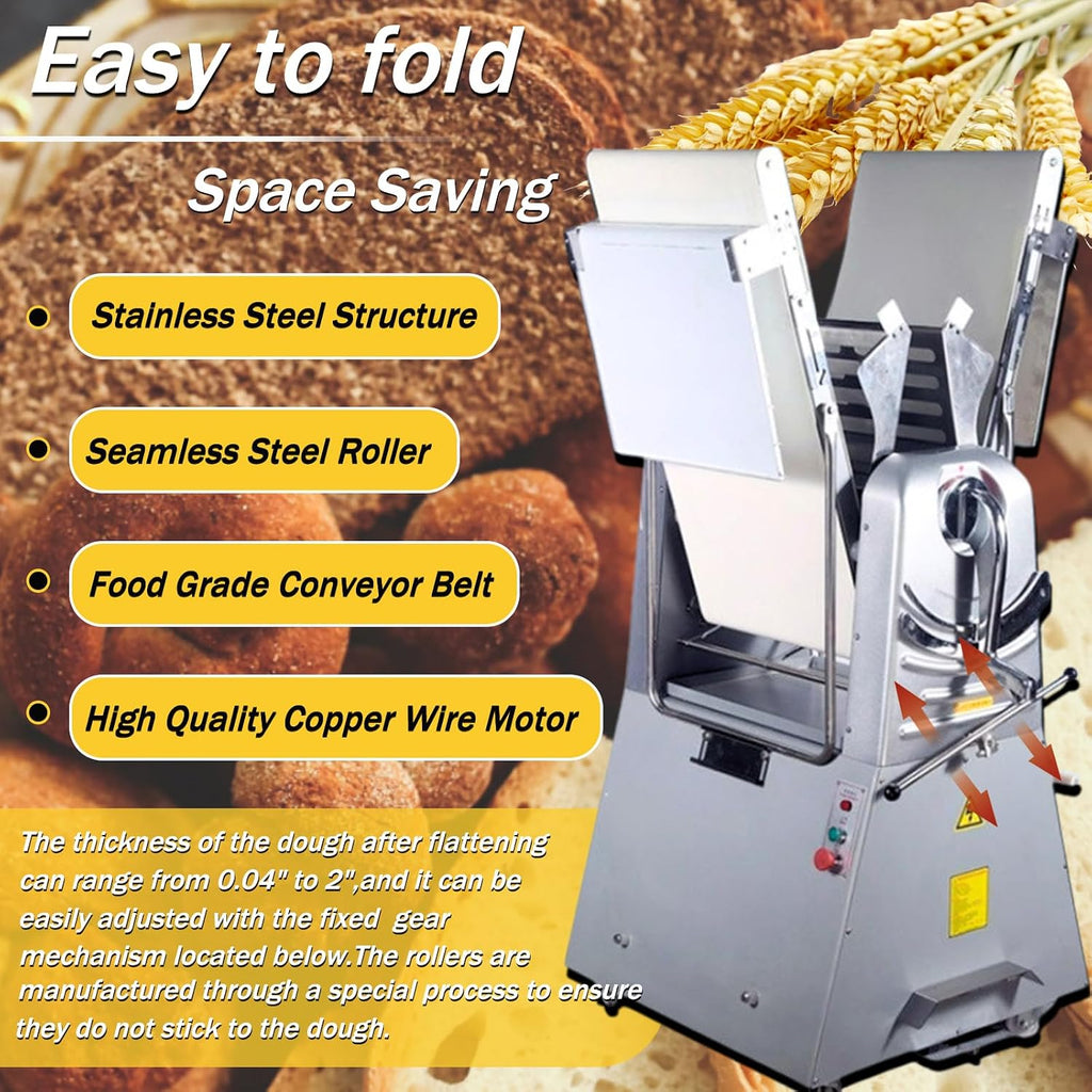 Commercial Electric Dough Sheeter Machine Stainless Steel Vertical Foldable Design 82.3'x19.7' Conveyor Belt 0.04-2' Adjustable Thickness for Croissant Pastry Bakery Canteen 110V