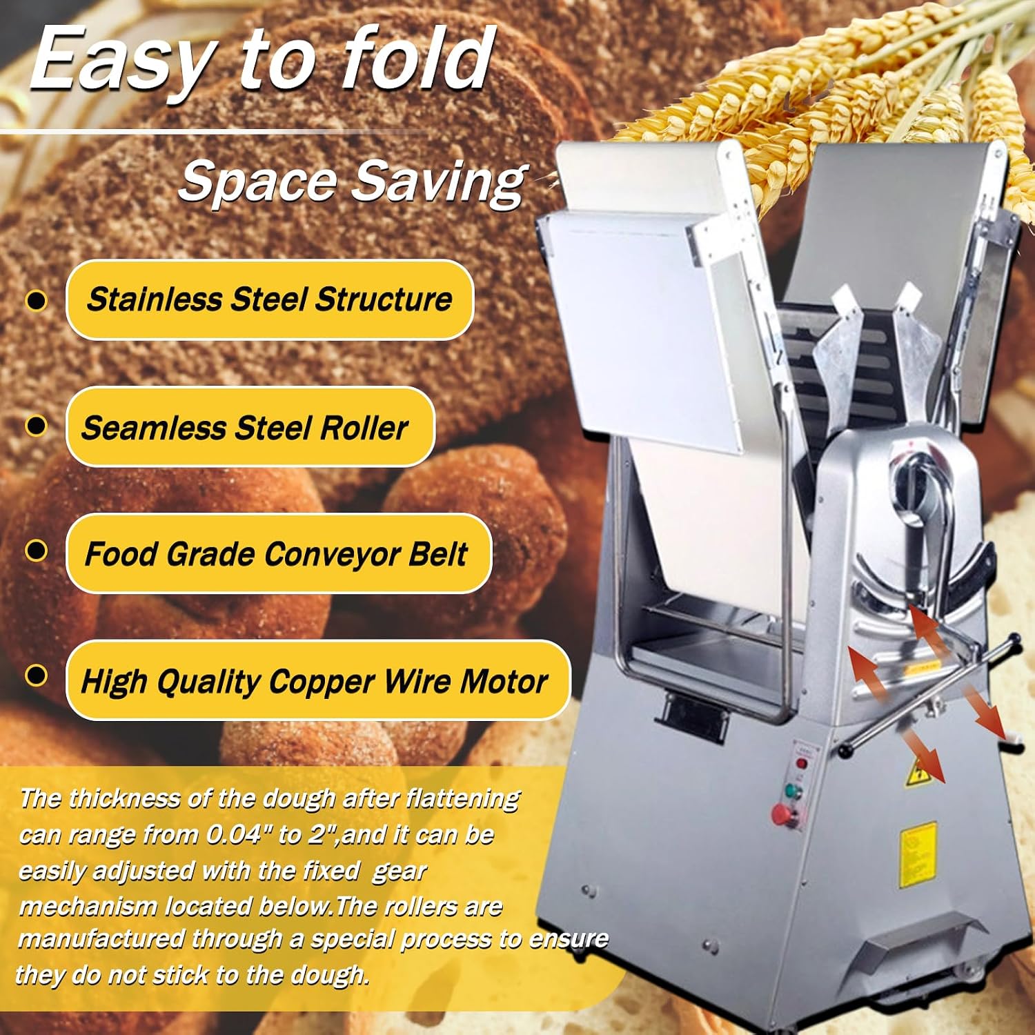 Commercial Electric Dough Sheeter Machine Stainless Steel Vertical Foldable Design 82.3'x19.7' Conveyor Belt 0.04-2' Adjustable Thickness for Croissant Pastry Bakery Canteen 110V