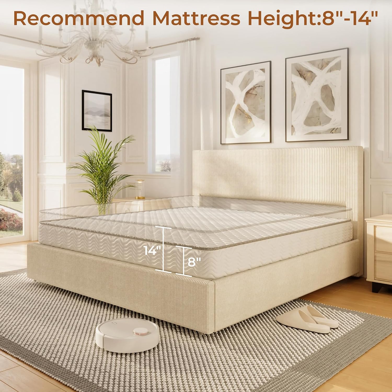 IDEALHOUSE Queen Bed Frame with Tufted Wingback Headboard, Platform Corduroy Upholstered Bed Frame with 4 Storage Drawers and Wooden Slats Support, No Box Spring Needed, Beige