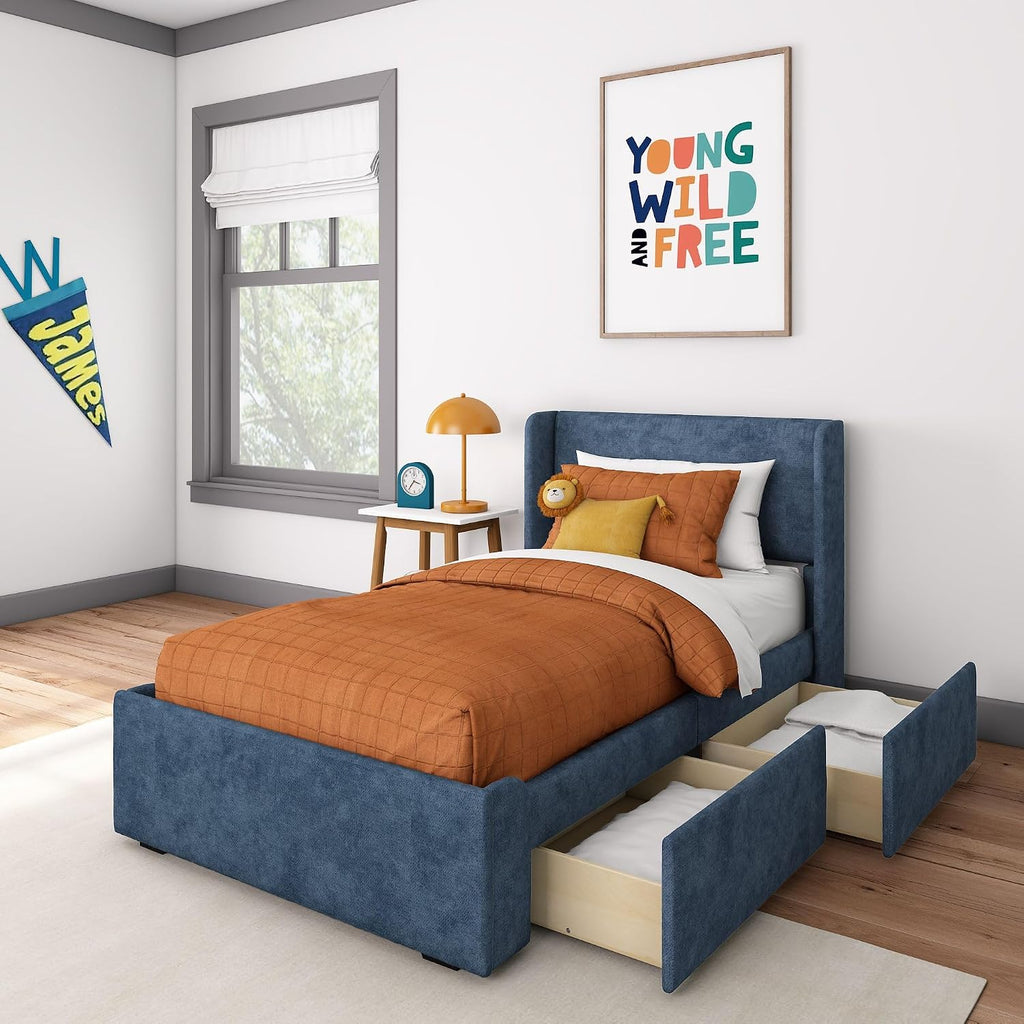 Max & Lily Upholstered Twin Bed Frame with Rectangular Headboard and Two Storage Drawers, Upholstered Platform Bed for Kids, No Box Spring Needed, Easy Assembly, Blue
