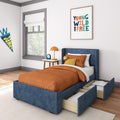 Max & Lily Upholstered Twin Bed Frame with Rectangular Headboard and Two Storage Drawers, Upholstered Platform Bed for Kids, No Box Spring Needed, Easy Assembly, Blue