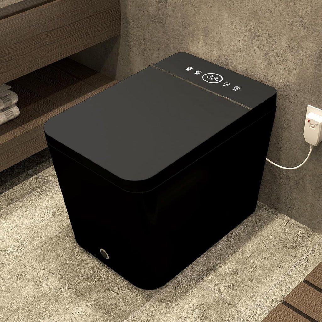 Black Square Luxury Smart Bidet Toilet with Remote Control, Tankless Design, Foot-Sensing Lid Operation, Auto Flush & Closing, Heated Seat & Warm Air Dryer, Unique Fashionable Shape