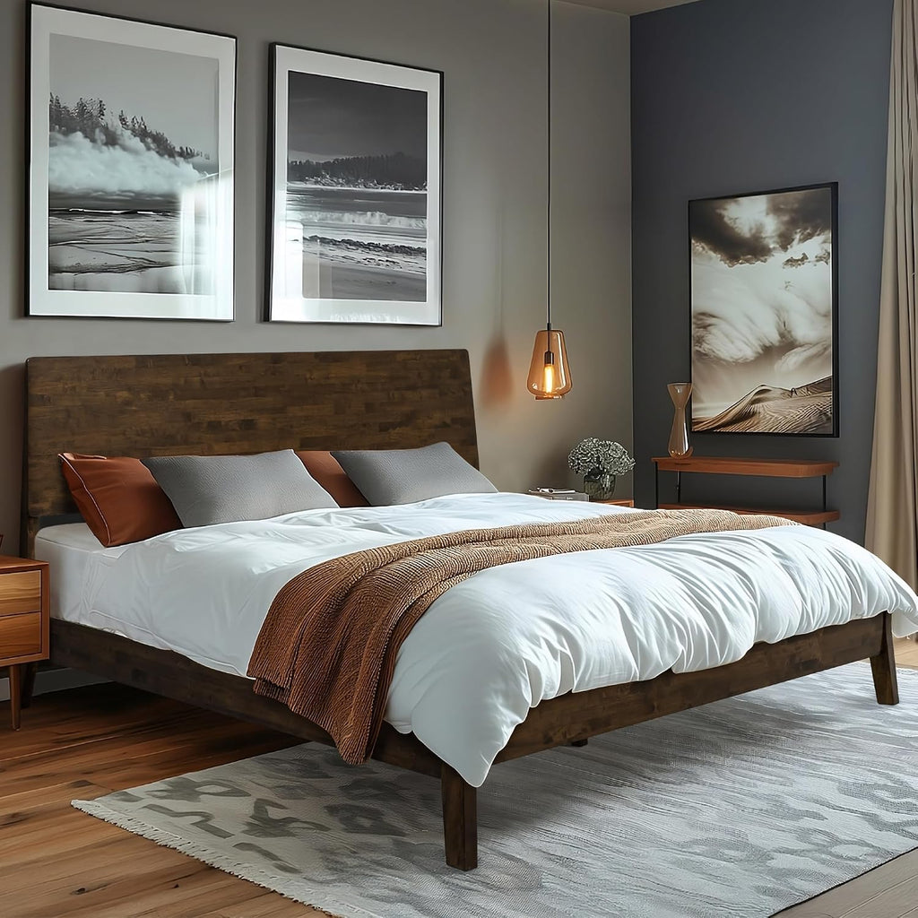 Acacia Serenity Queen Bed Frame with Headboard Natural Wood Bed, Scandinavian Signature High Headboard Compatible with All Mattress Types, 30 Mins Assembly Wood Slats Support Bedroom Furniture, Walnut