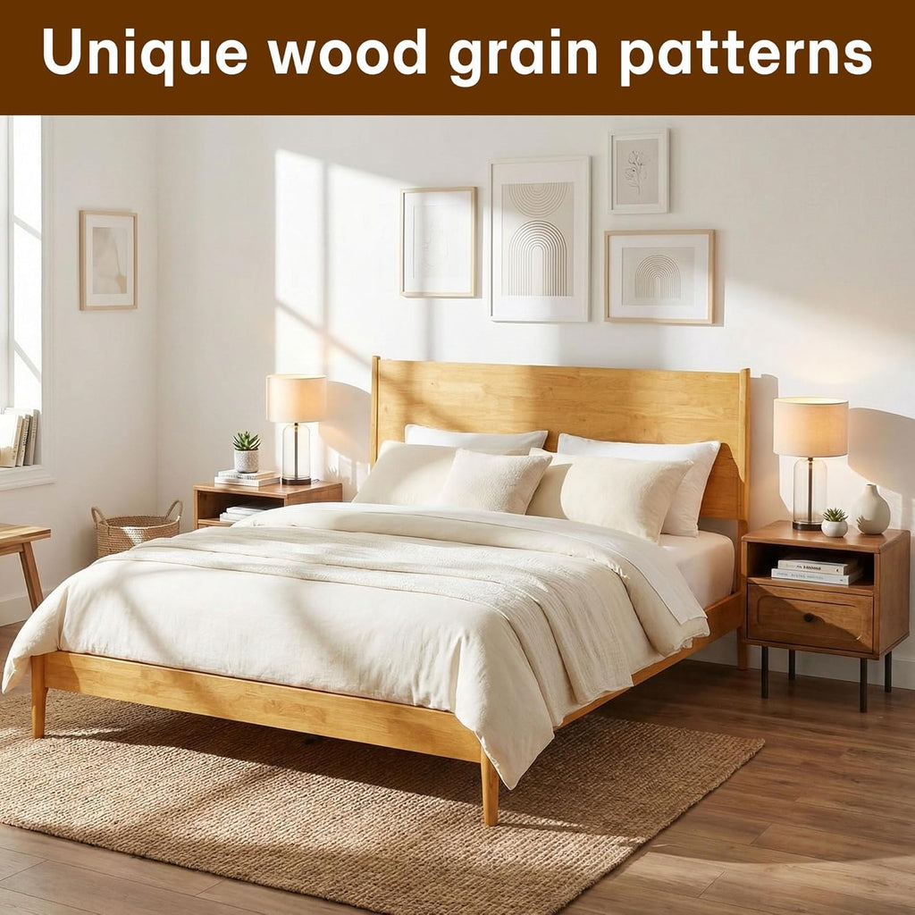 Acacia Haven King Size Bed Frame and Headboard, Solid Wood Platform Bed Frame Scandinavian Bed Compatible with All Mattress Types, No Box Spring Needed, 800lbs Wood Slats Support, Natural Oak