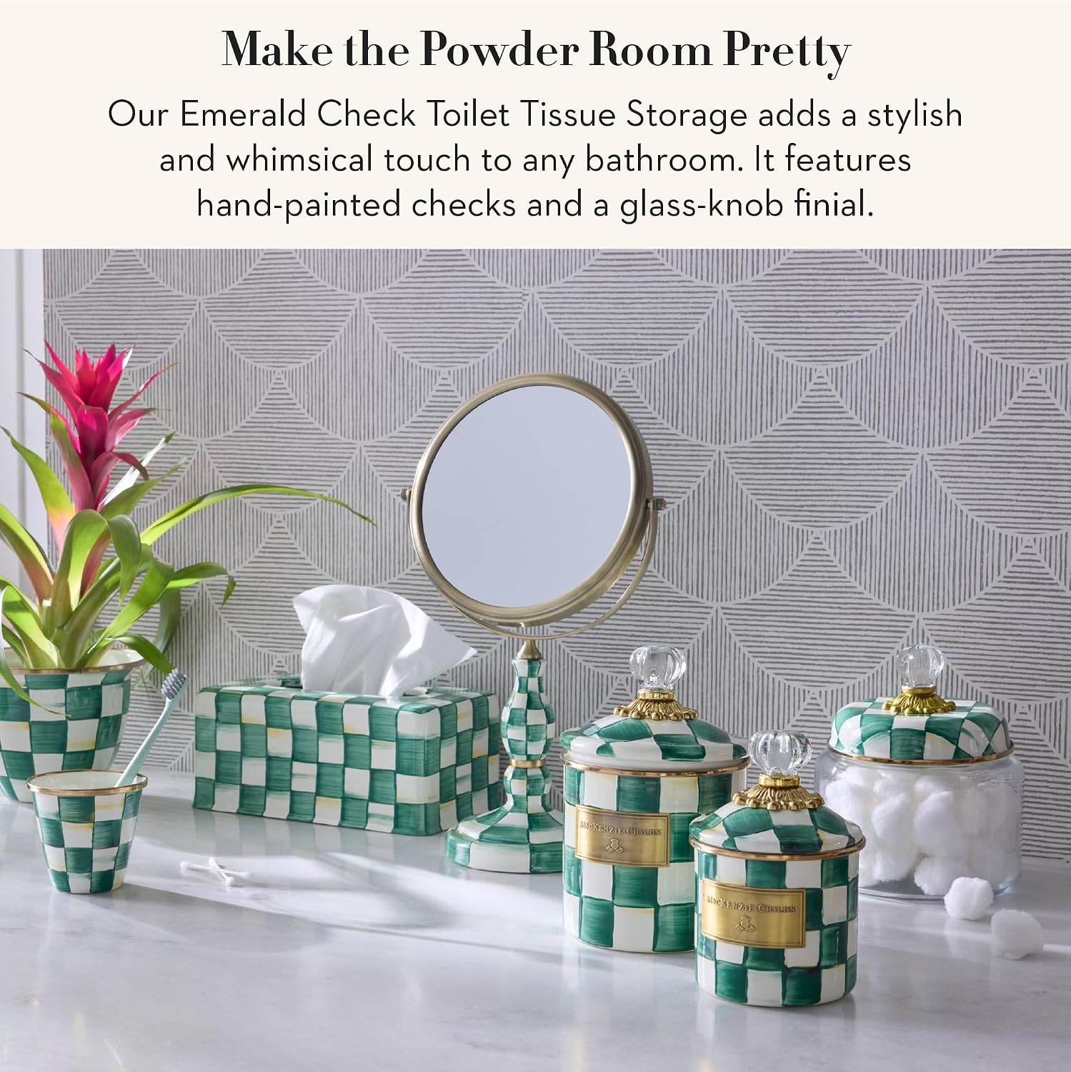 MACKENZIE-CHILDS Enamel Toilet Tissue Storage, Decorative Toilet-Paper Holder Stand for Bathroom, Green-and-White Emerald Check